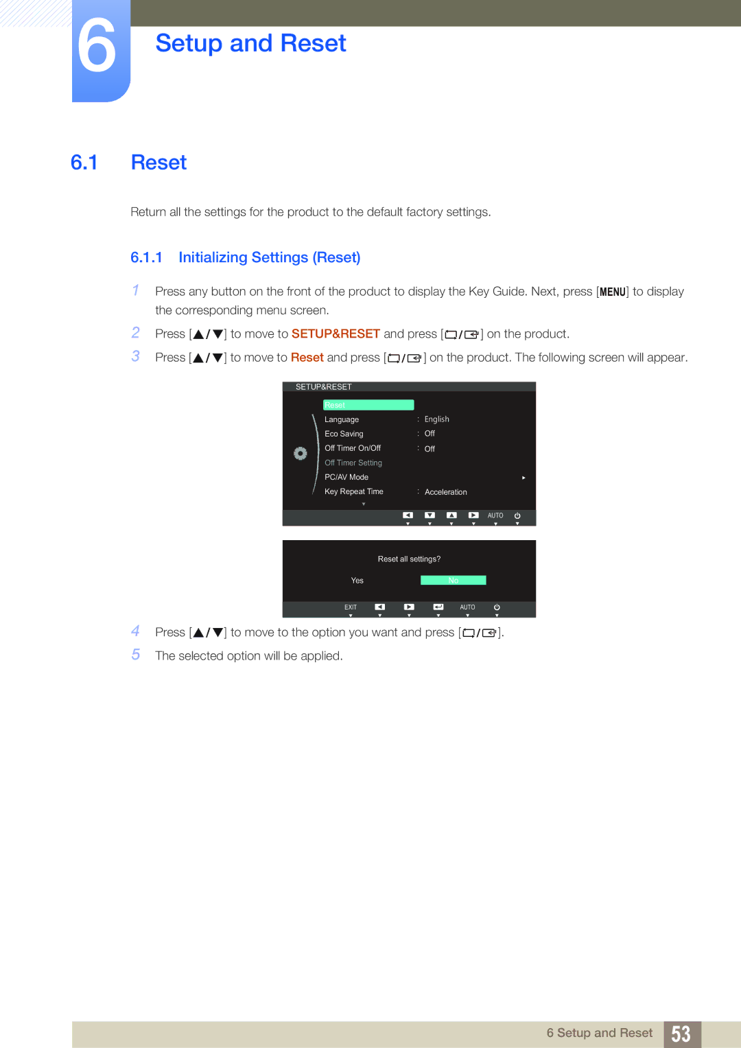 Samsung LS24B420BWV/ZR, LS22B42XBWV/EN, LS19B420BWV/EN, LS24B42XBWG/EN manual Setup and Reset, Initializing Settings Reset 