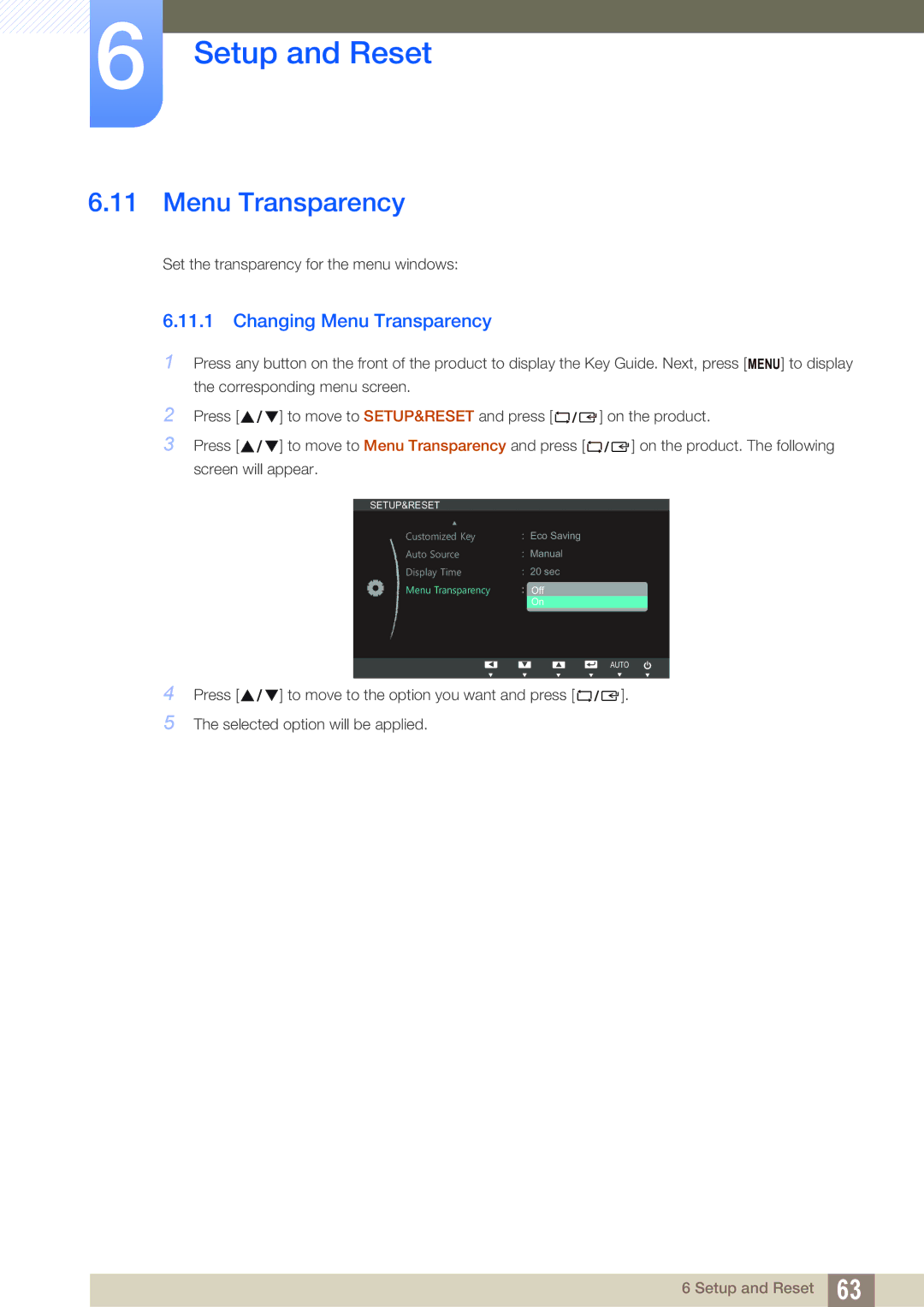 Samsung LS22B42XBWV/EN, LS19B420BWV/EN, LS24B42XBWG/EN, LS24B420BWV/EN, LS22B420BWV/EN manual Changing Menu Transparency 