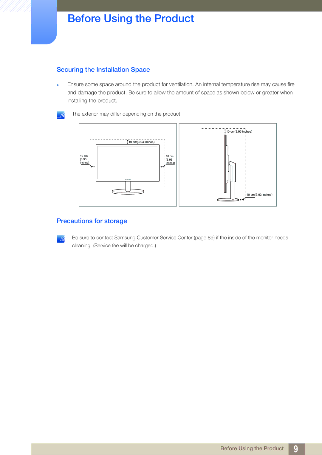 Samsung LS22B42XBWV/EN, LS19B420BWV/EN, LS24B42XBWG/EN manual Securing the Installation Space, Precautions for storage 