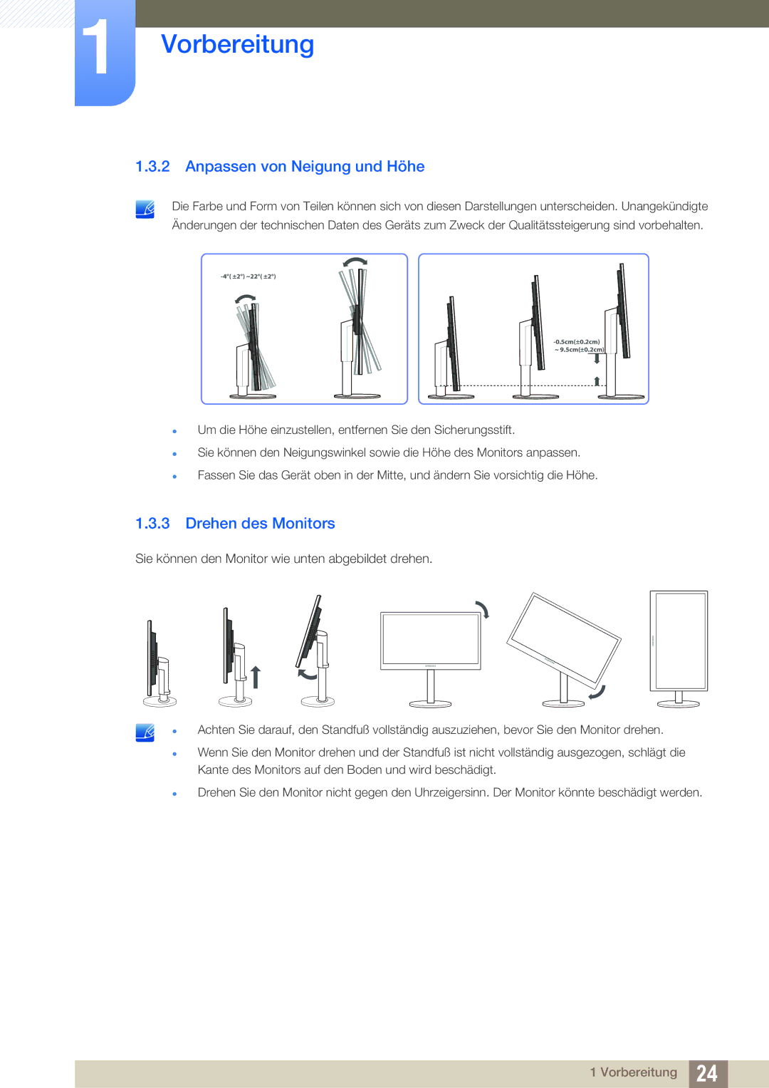 Samsung LS22B42XBWV/EN, LS19B420BWV/EN, LS24B42XBWG/EN, LS24B420BWV/EN Anpassen von Neigung und Höhe, Drehen des Monitors 