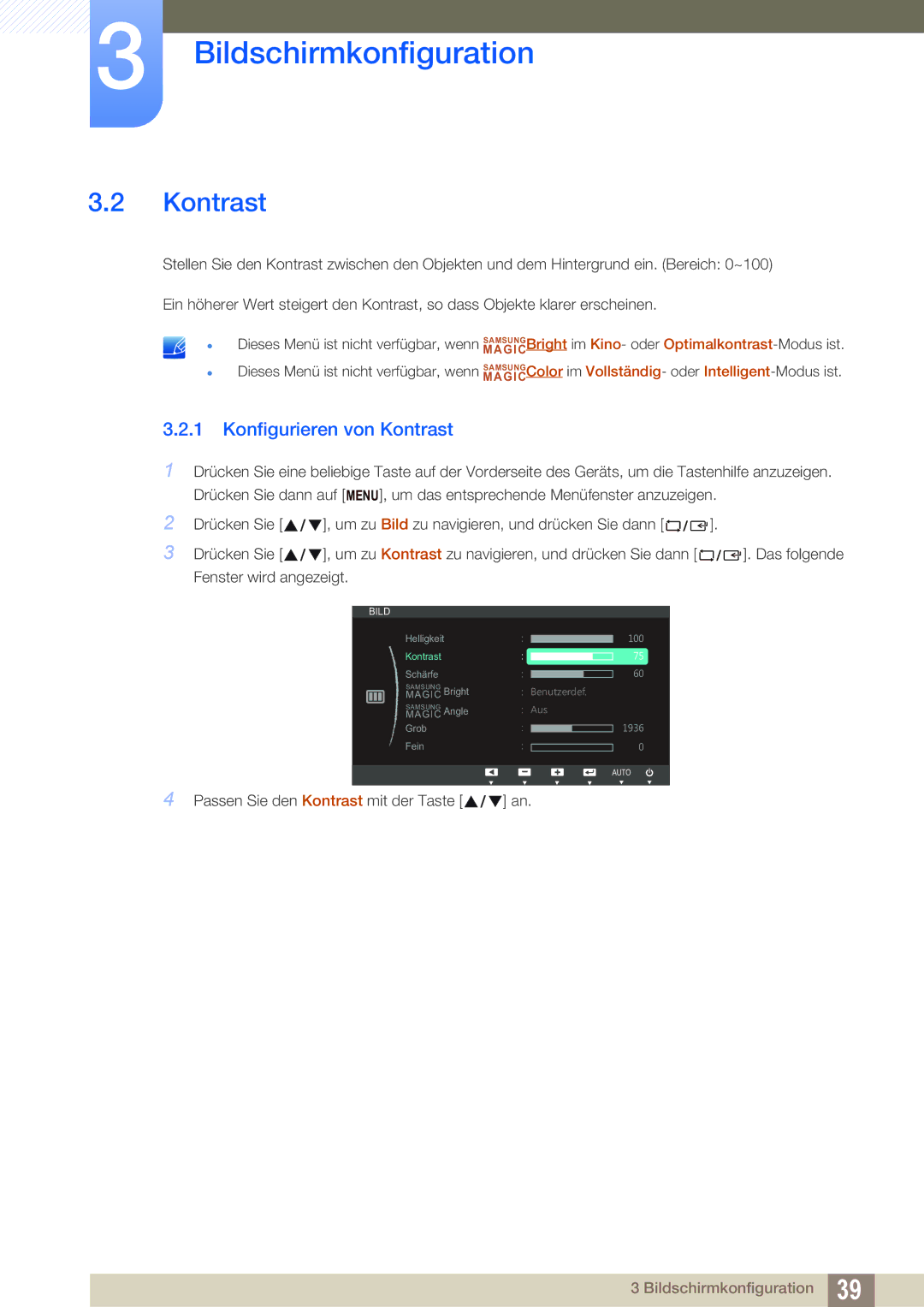 Samsung LS24B420BWV/EN, LS22B42XBWV/EN, LS19B420BWV/EN, LS24B42XBWG/EN, LS22B420BWV/EN manual Konfigurieren von Kontrast 