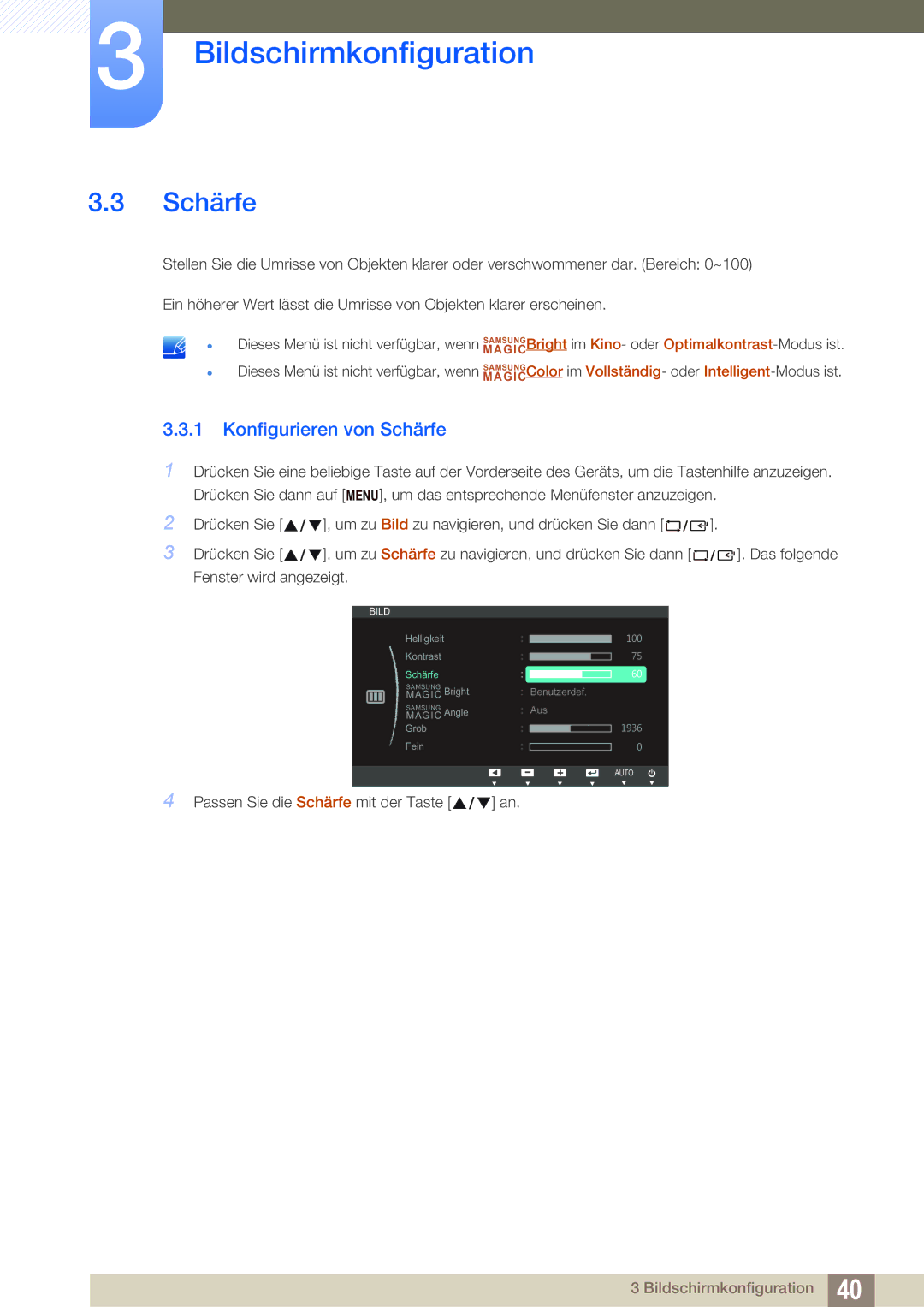 Samsung LS22B420BWV/EN, LS22B42XBWV/EN, LS19B420BWV/EN, LS24B42XBWG/EN, LS24B420BWV/EN manual Konfigurieren von Schärfe 