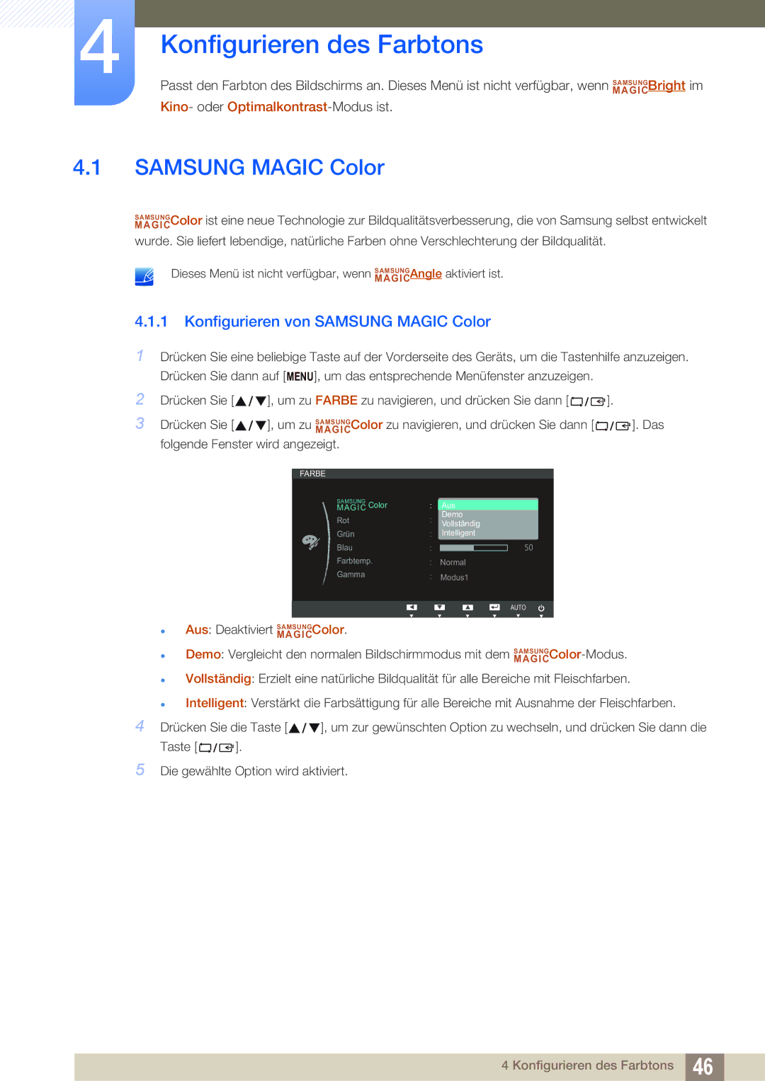 Samsung LS22B420BWV/EN, LS22B42XBWV/EN, LS22B420BW/EN Konfigurieren des Farbtons, Konfigurieren von Samsung Magic Color 