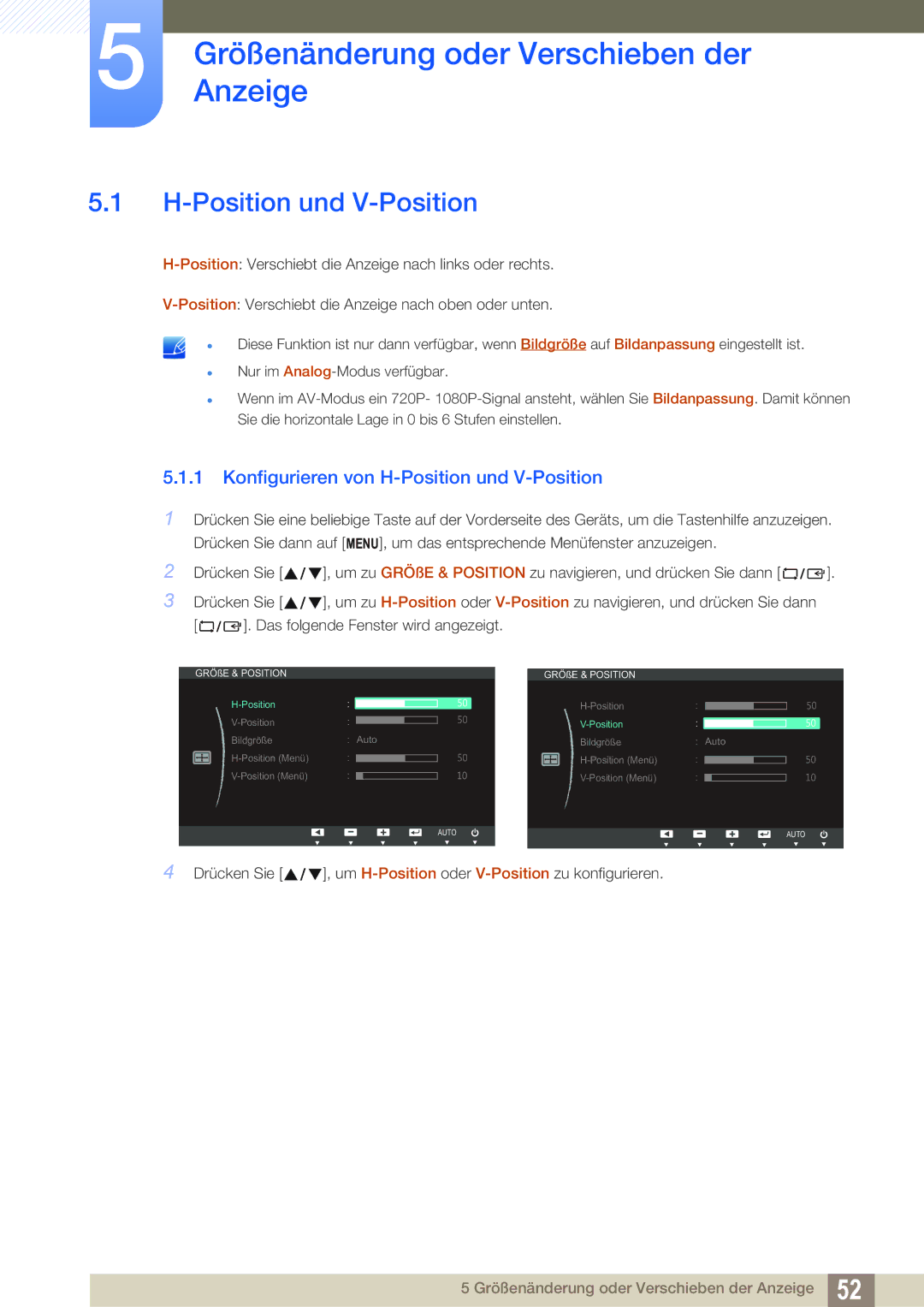 Samsung LS22B420BWV/EN, LS22B42XBWV/EN, LS19B420BWV/EN GrößenänderungAnzeige oder Verschieben der, Position und V-Position 