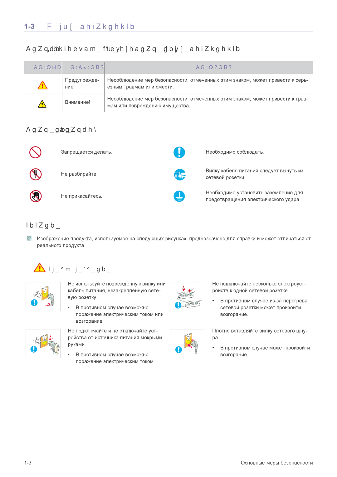 Samsung LS24B5LVFH/EN Меры безопасности, Значки, используемые для обозначения мер безопасности, Значение значков, Питание 