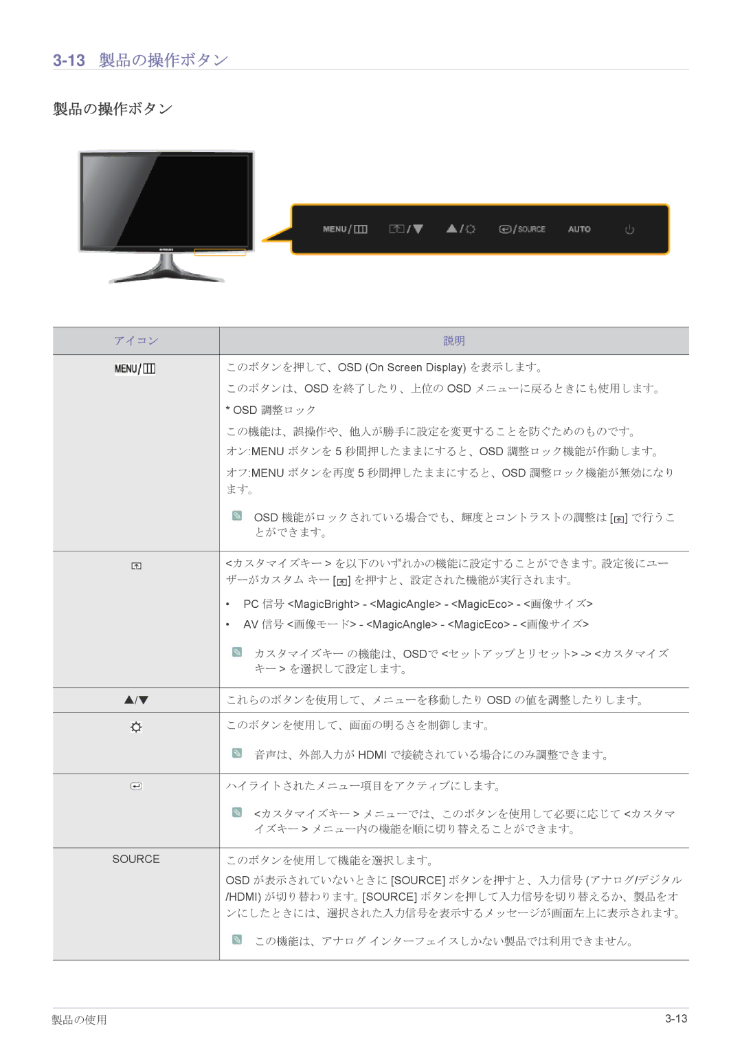 Samsung LS23B5HVFH/XJ, LS22B5HVFH/XJ, LS24B5HVFM/XJ, LS22B5HVFM/XJ, LS24B5HVFH/XJ manual 13製品の操作ボタン 