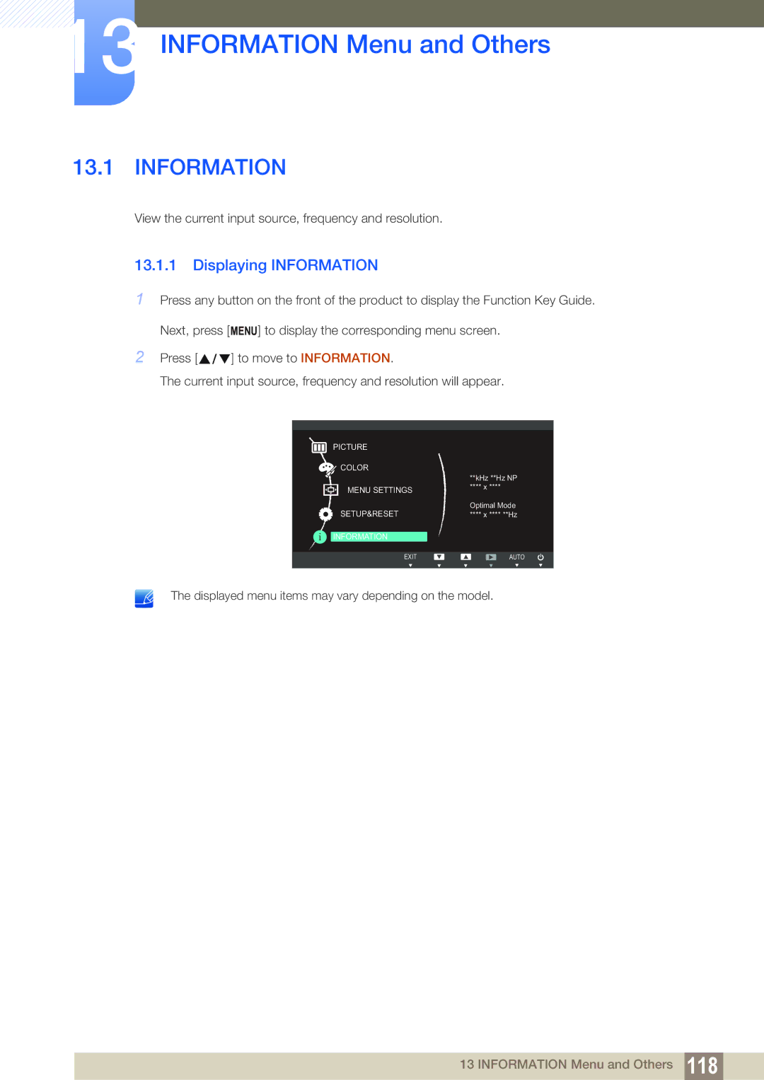 Samsung LS19C150FS/CH, LS22C150NS/EN, LS19C150FS/EN, LS22B150NS/EN manual Information Menu and Others, Displaying Information 