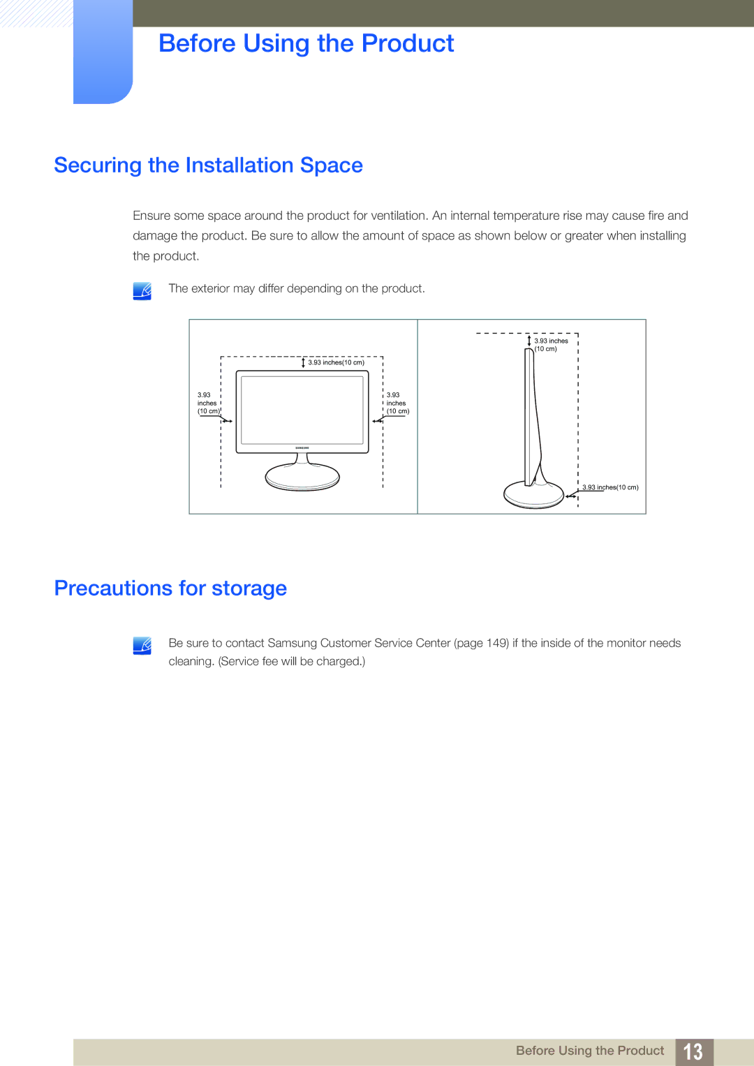 Samsung LS19C150FS/EN, LS22C150NS/EN, LS22B150NS/EN, LS22B150NS/ZR Securing the Installation Space, Precautions for storage 