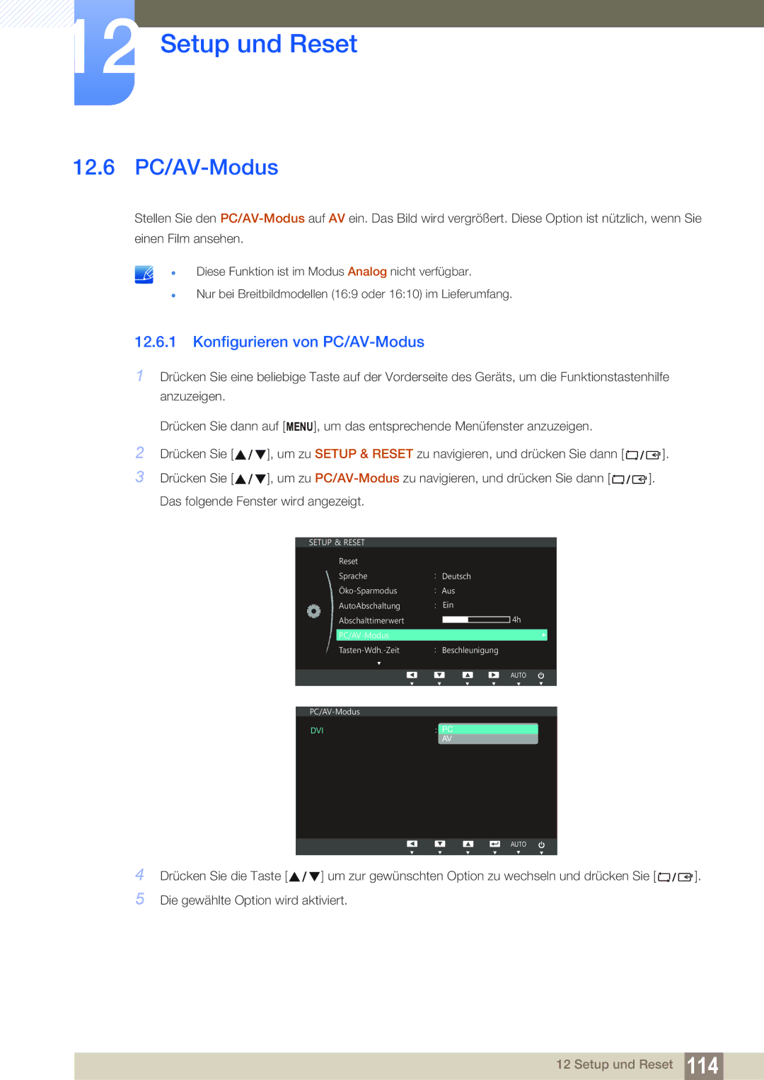 Samsung LS22C150NS/EN, LS19C150FS/EN, LS22B150NS/EN manual 12.6 PC/AV-Modus, Konfigurieren von PC/AV-Modus 