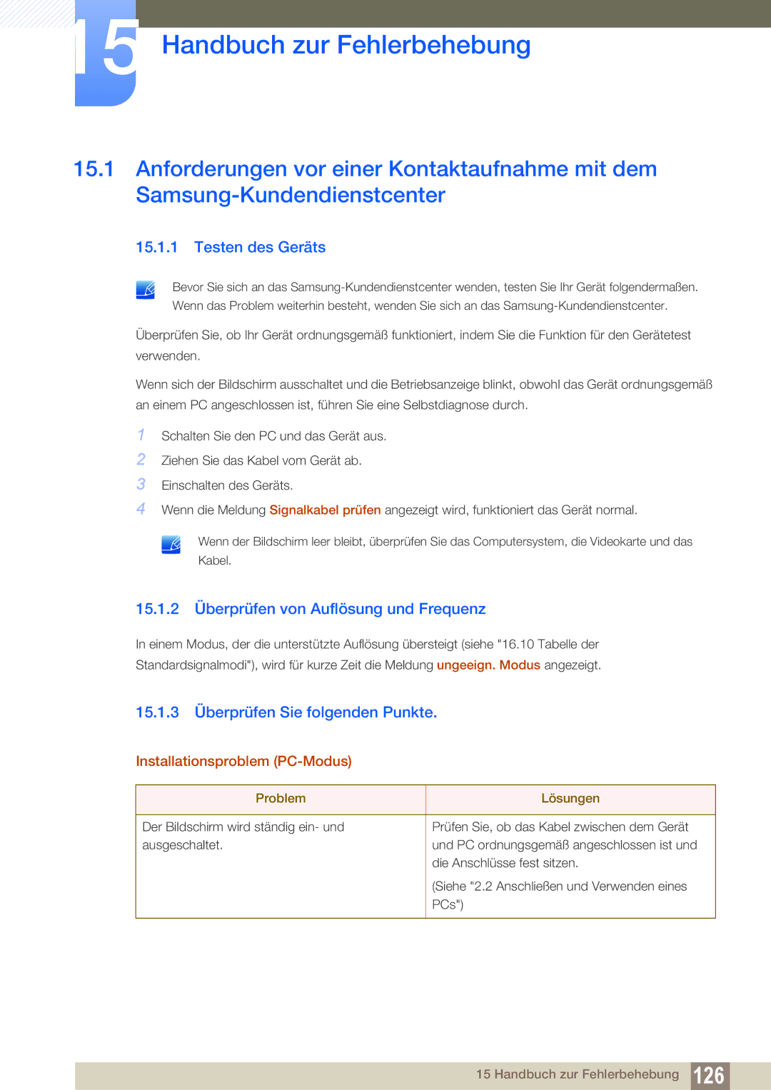 Samsung LS22C150NS/EN manual Handbuch zur Fehlerbehebung, Testen des Geräts, 15.1.2 Überprüfen von Auflösung und Frequenz 