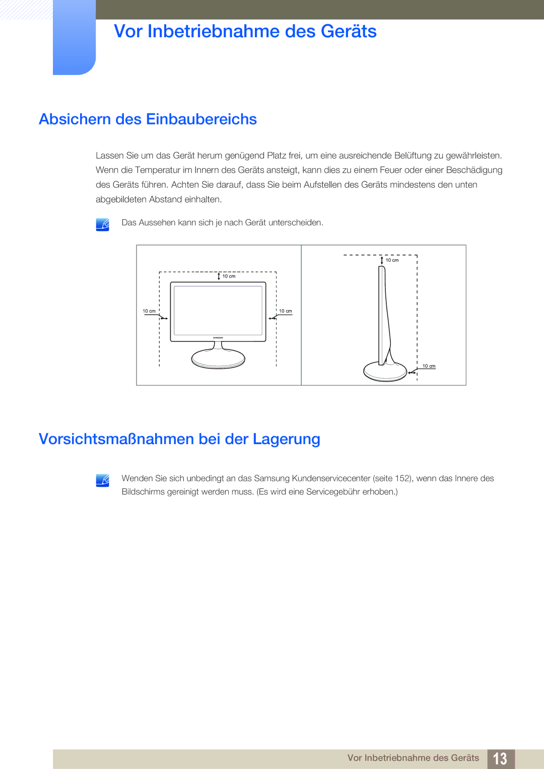 Samsung LS19C150FS/EN, LS22C150NS/EN, LS22B150NS/EN manual Absichern des Einbaubereichs, Vorsichtsmaßnahmen bei der Lagerung 