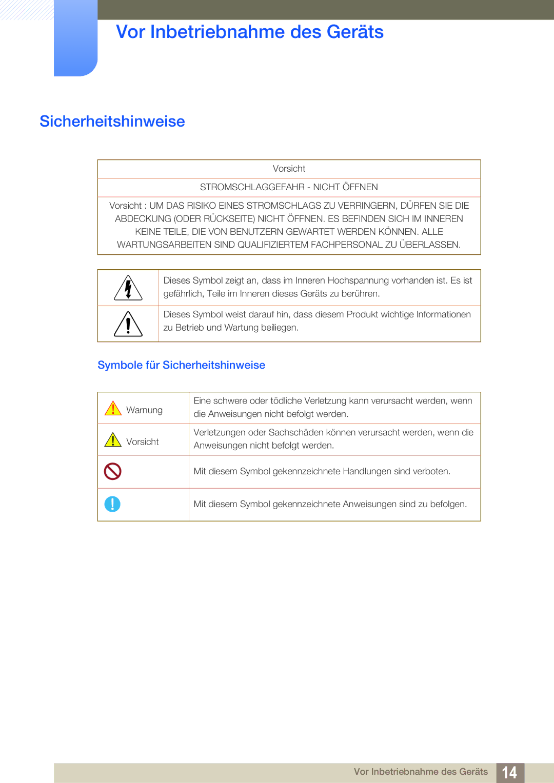 Samsung LS22B150NS/EN, LS22C150NS/EN, LS19C150FS/EN manual Symbole für Sicherheitshinweise 