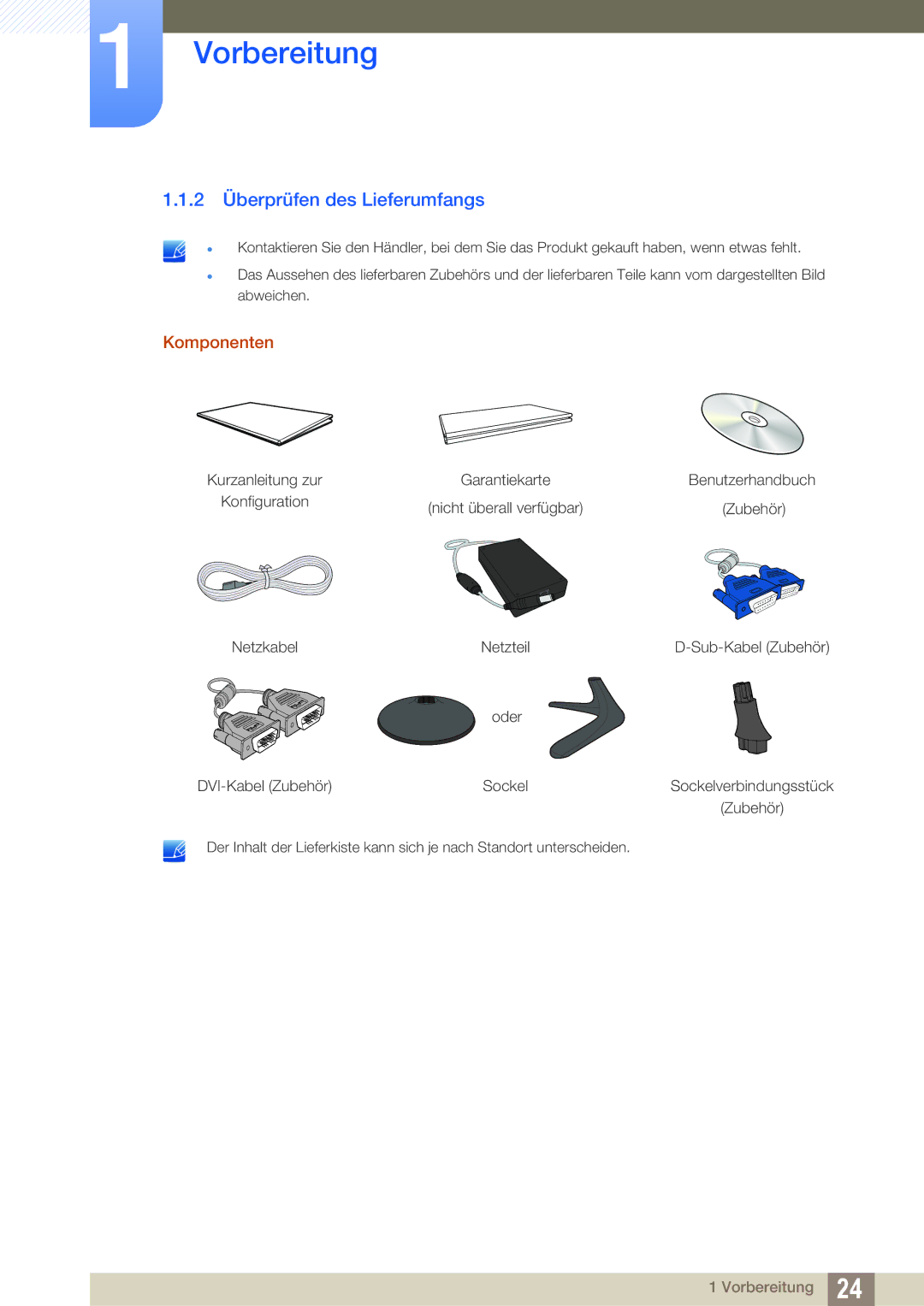 Samsung LS22C150NS/EN, LS19C150FS/EN, LS22B150NS/EN manual 2 Überprüfen des Lieferumfangs, Komponenten 