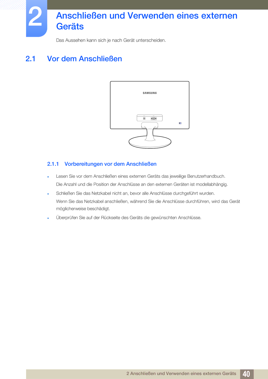 Samsung LS19C150FS/EN, LS22C150NS/EN, LS22B150NS/EN AnschließenGeräts und Verwenden eines externen, Vor dem Anschließen 