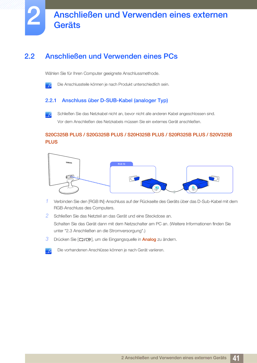 Samsung LS22B150NS/EN, LS22C150NS/EN manual Anschließen und Verwenden eines PCs, Anschluss über D-SUB-Kabel analoger Typ 