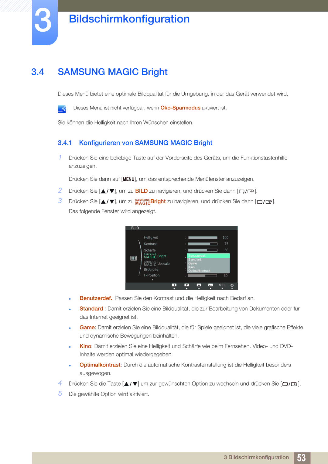 Samsung LS22B150NS/EN, LS22C150NS/EN, LS19C150FS/EN manual Konfigurieren von Samsung Magic Bright 