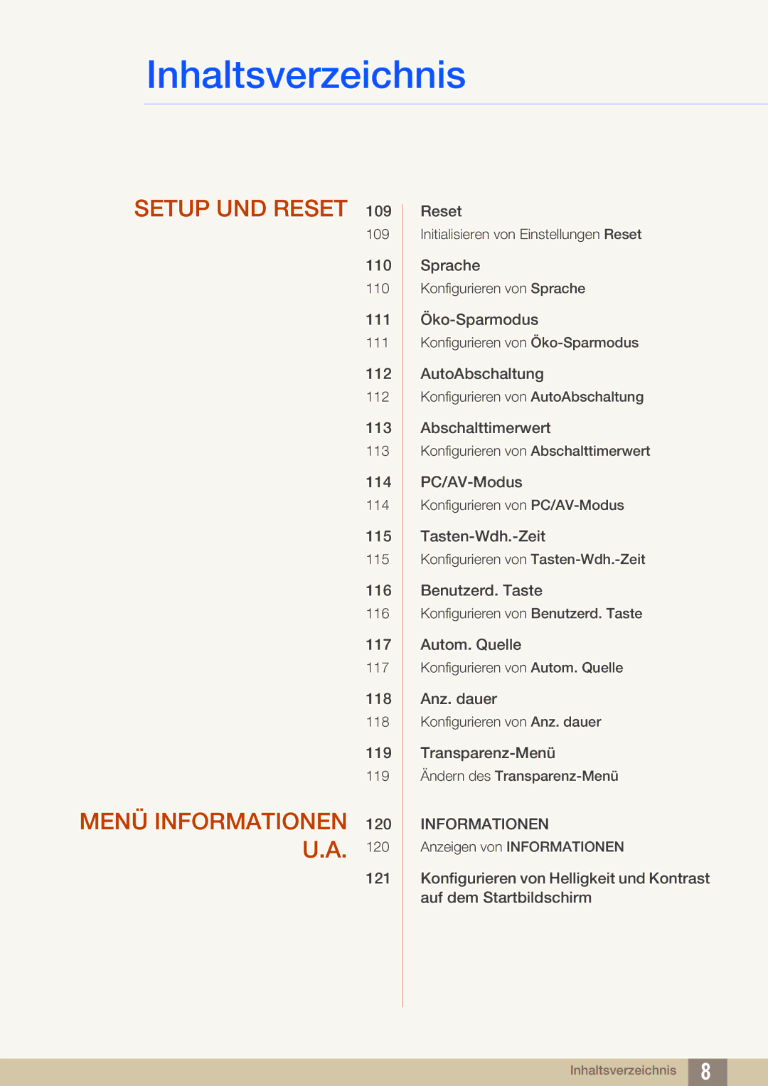 Samsung LS22B150NS/EN, LS22C150NS/EN, LS19C150FS/EN manual Setup UND Reset Menü Informationen U.A 