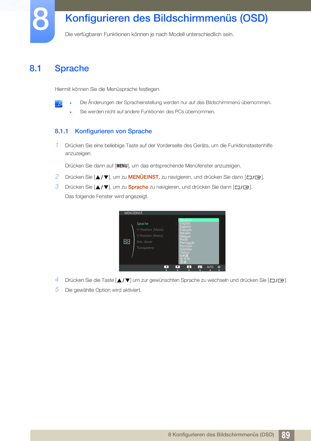 Samsung LS22B150NS/EN, LS22C150NS/EN, LS19C150FS/EN Konfigurieren des Bildschirmmenüs OSD, Konfigurieren von Sprache 