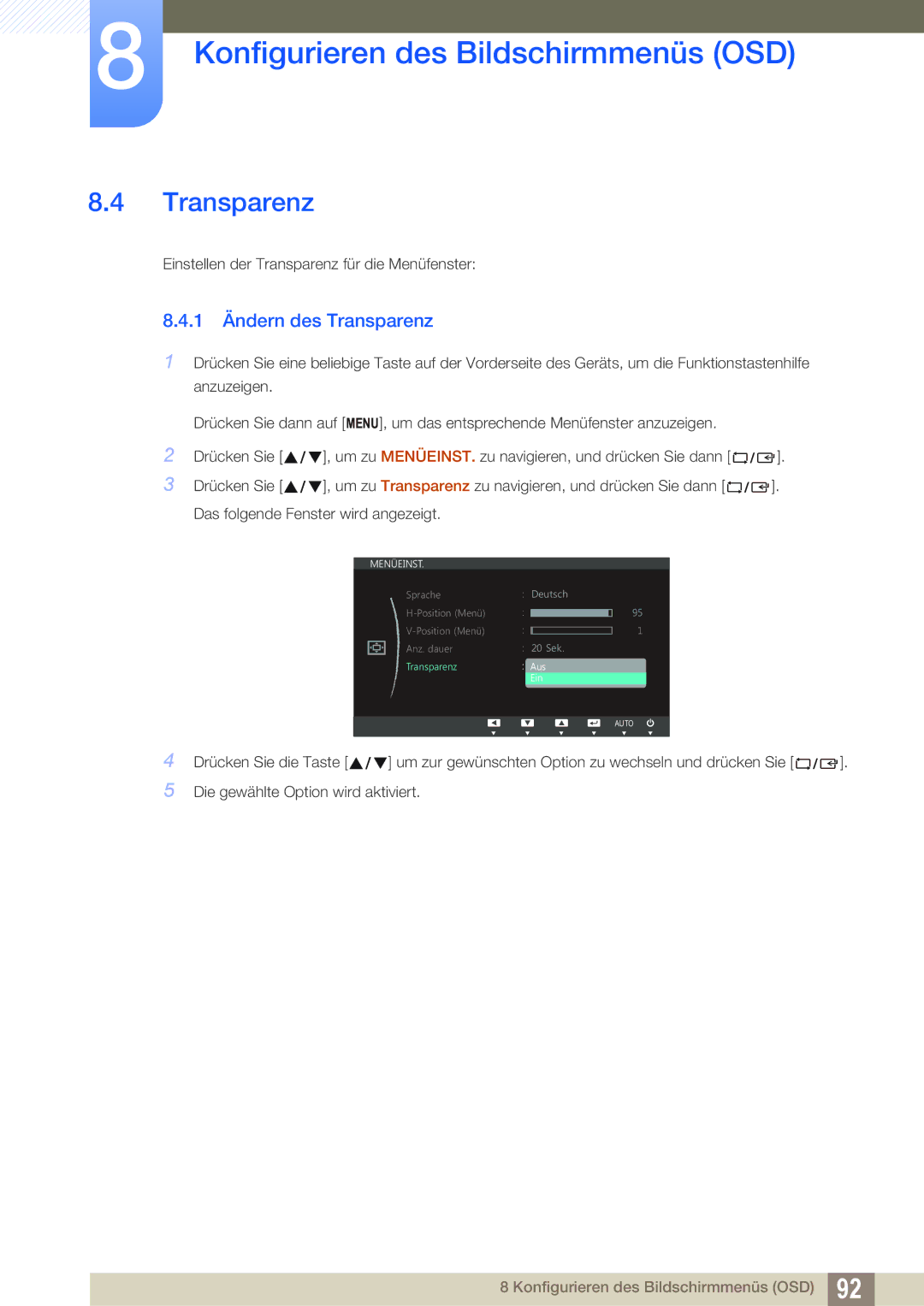 Samsung LS22B150NS/EN, LS22C150NS/EN, LS19C150FS/EN manual 1 Ändern des Transparenz 