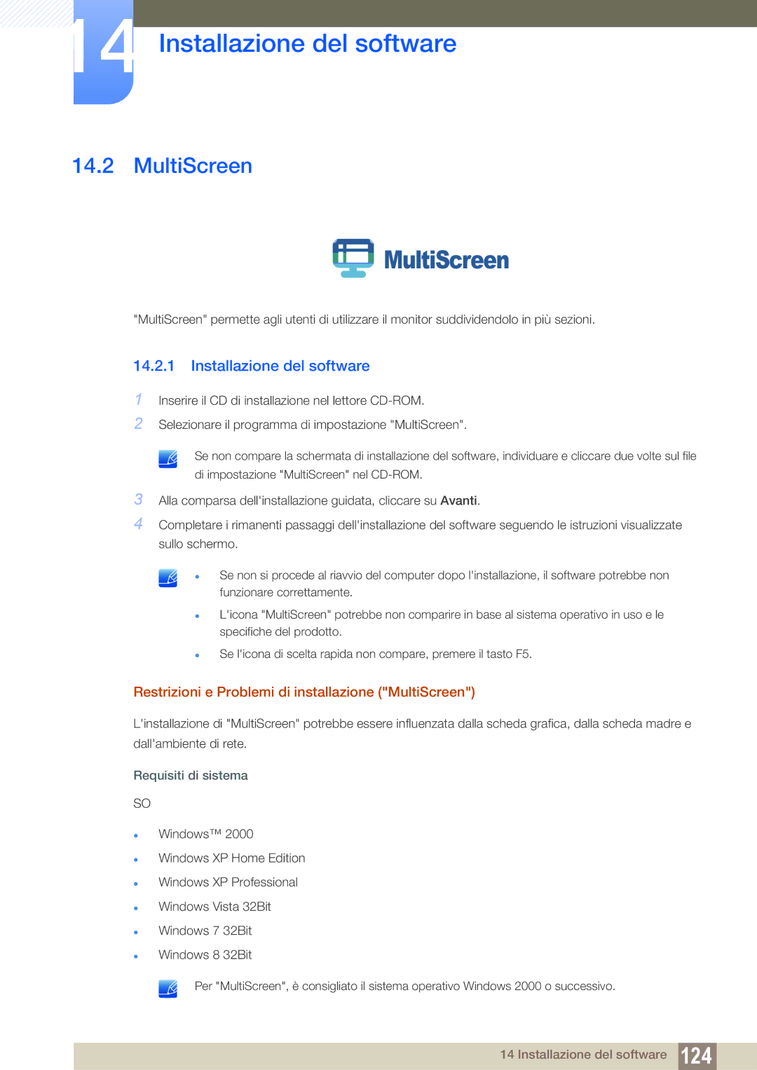 Samsung LS19C150FS/EN, LS22C150NS/EN, LS22B150NS/EN manual Restrizioni e Problemi di installazione MultiScreen 