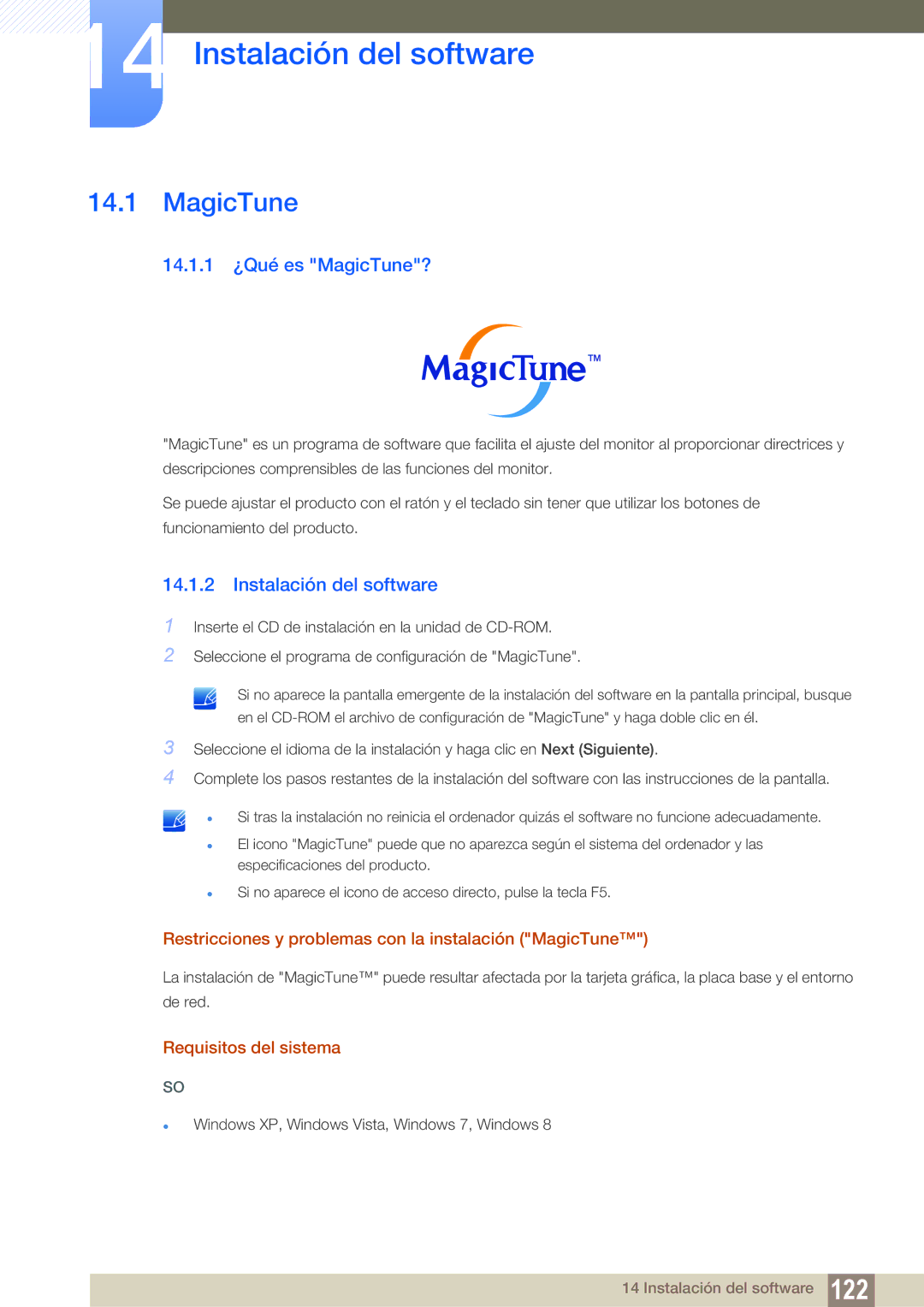 Samsung LS22B150NS/EN, LS22C150NS/EN, LS19C150FS/EN manual Instalación del software, 14.1.1 ¿Qué es MagicTune? 