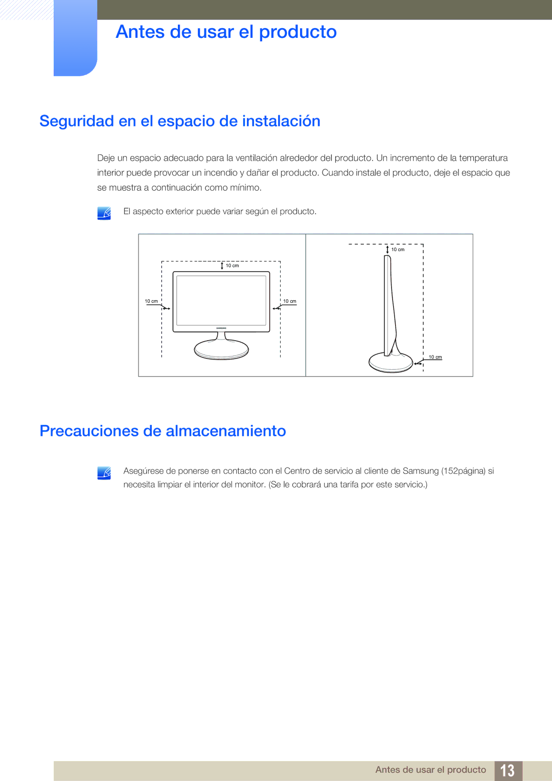 Samsung LS19C150FS/EN, LS22C150NS/EN, LS22B150NS/EN Seguridad en el espacio de instalación, Precauciones de almacenamiento 