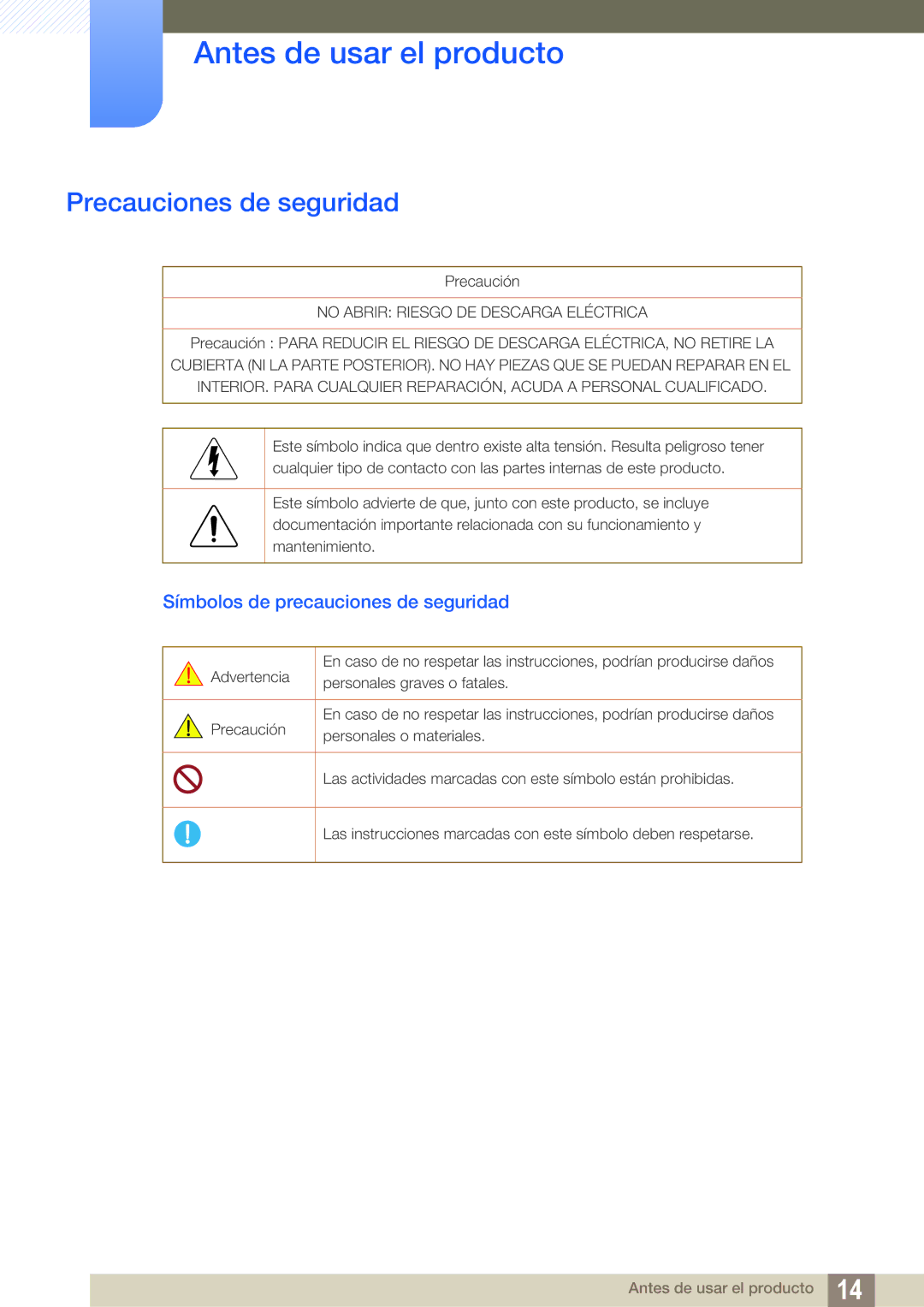 Samsung LS22B150NS/EN, LS22C150NS/EN, LS19C150FS/EN manual Precauciones de seguridad, Símbolos de precauciones de seguridad 