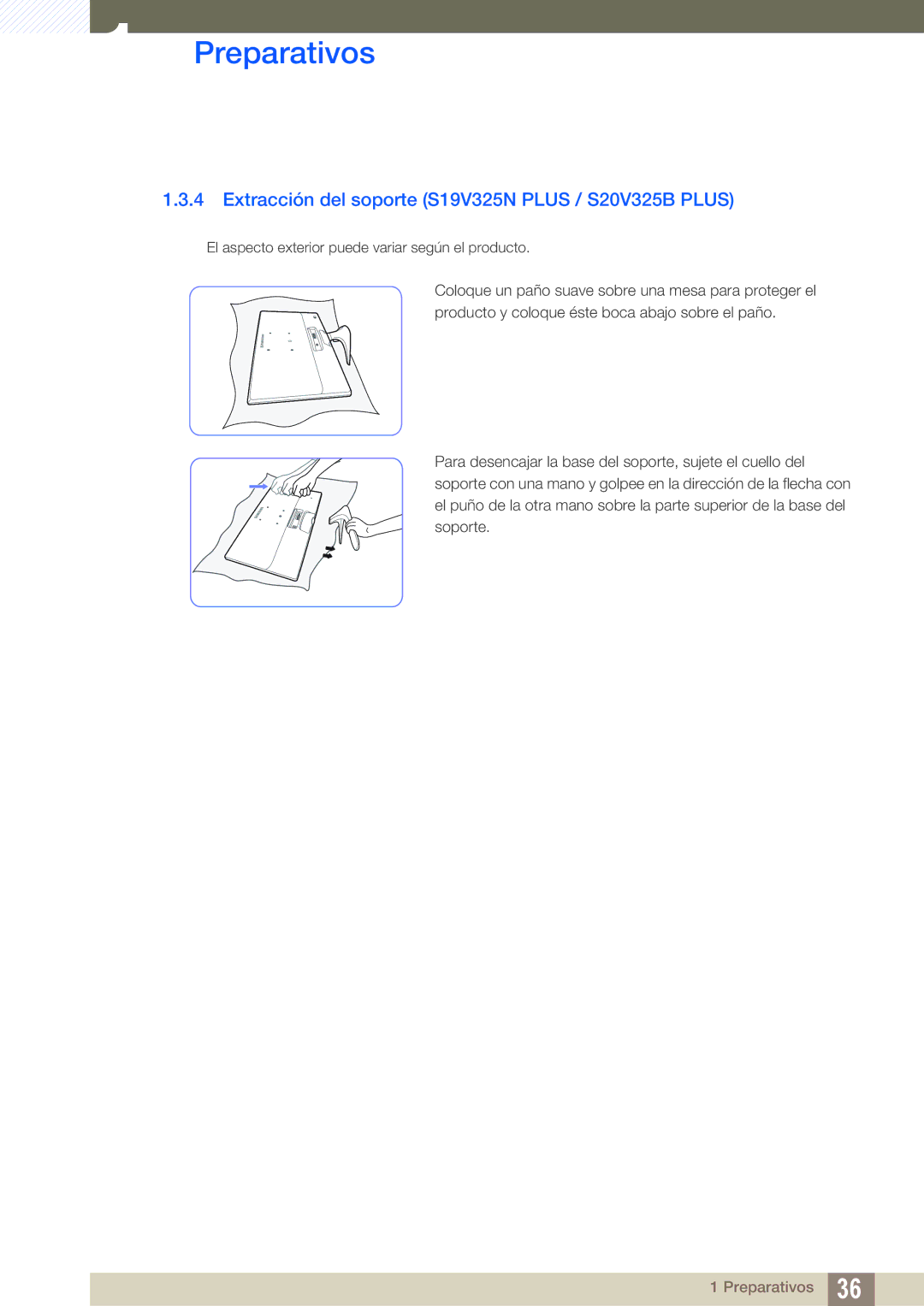 Samsung LS22C150NS/EN, LS19C150FS/EN, LS22B150NS/EN manual Extracción del soporte S19V325N Plus / S20V325B Plus 