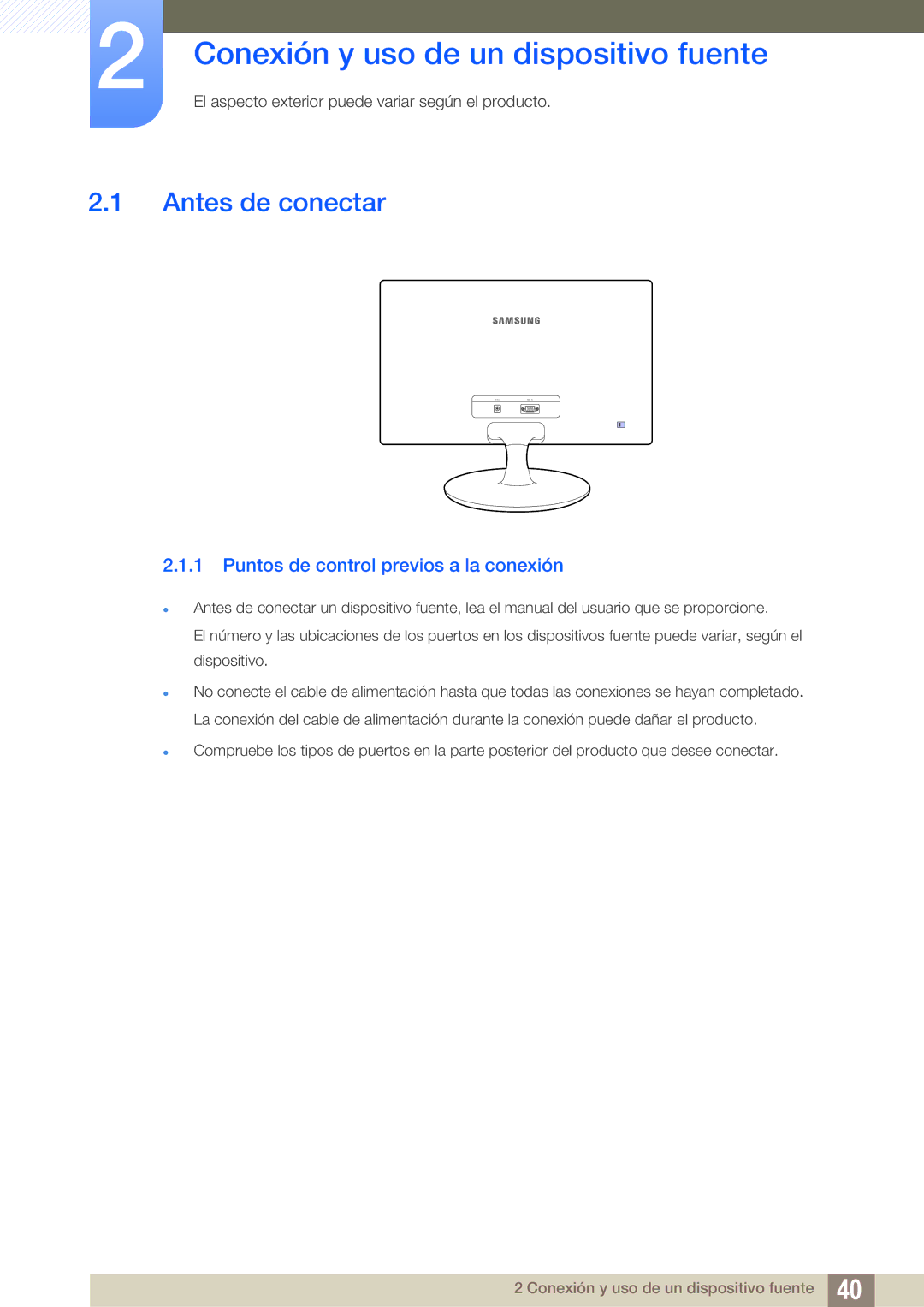 Samsung LS19C150FS/EN Conexión y uso de un dispositivo fuente, Antes de conectar, Puntos de control previos a la conexión 