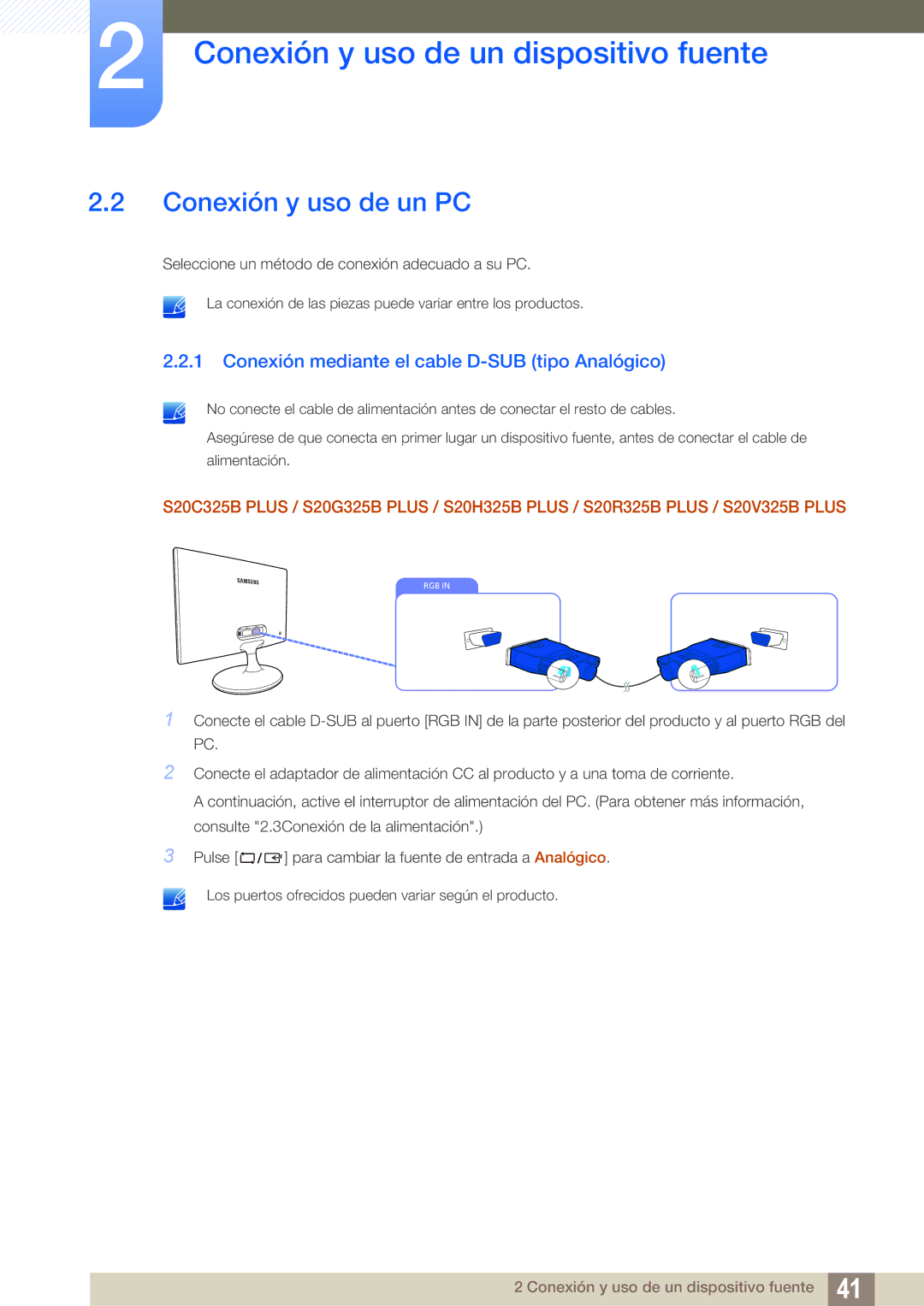 Samsung LS22B150NS/EN, LS22C150NS/EN manual Conexión y uso de un PC, Conexión mediante el cable D-SUB tipo Analógico 