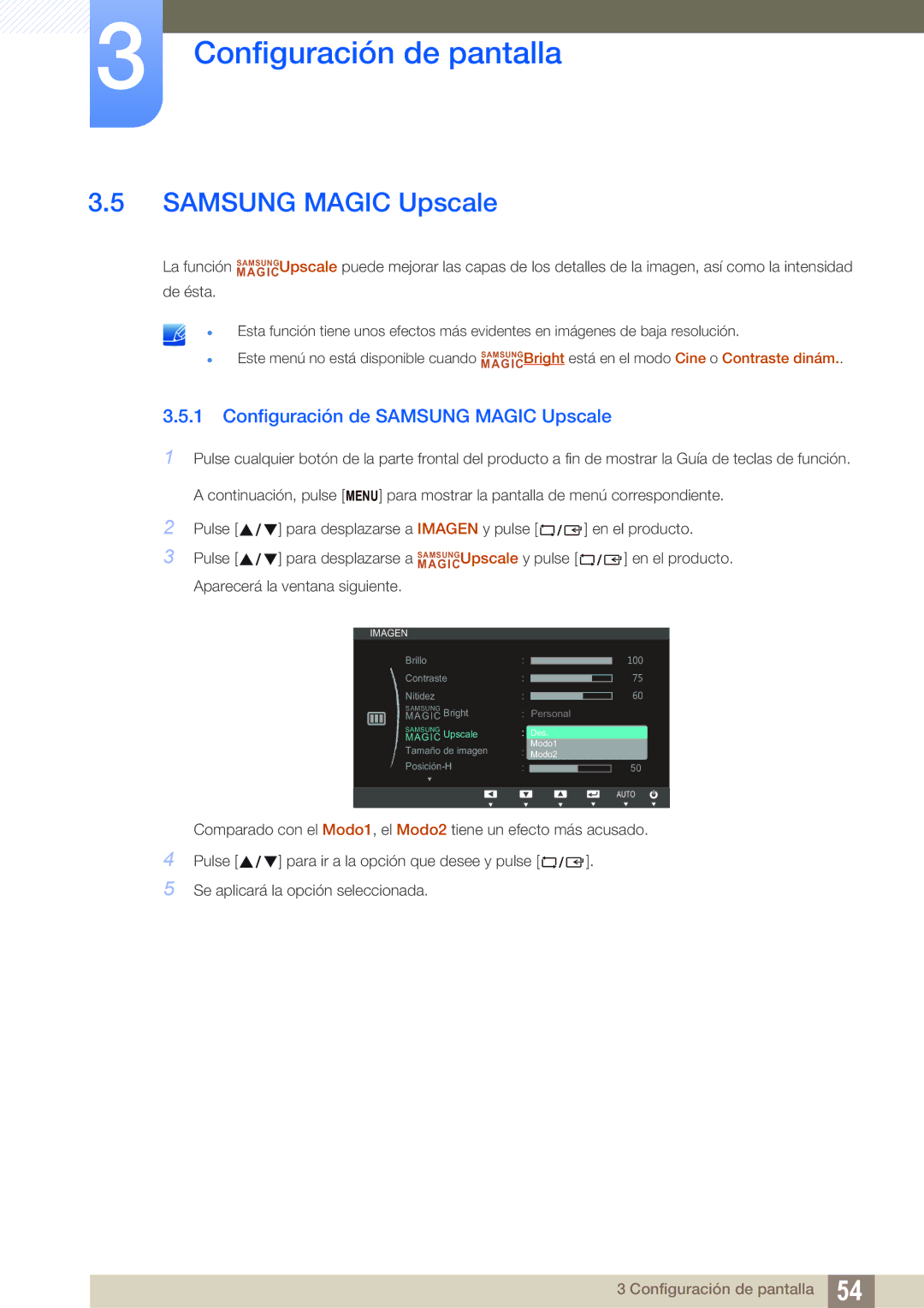 Samsung LS22C150NS/EN, LS19C150FS/EN, LS22B150NS/EN manual Configuración de Samsung Magic Upscale 