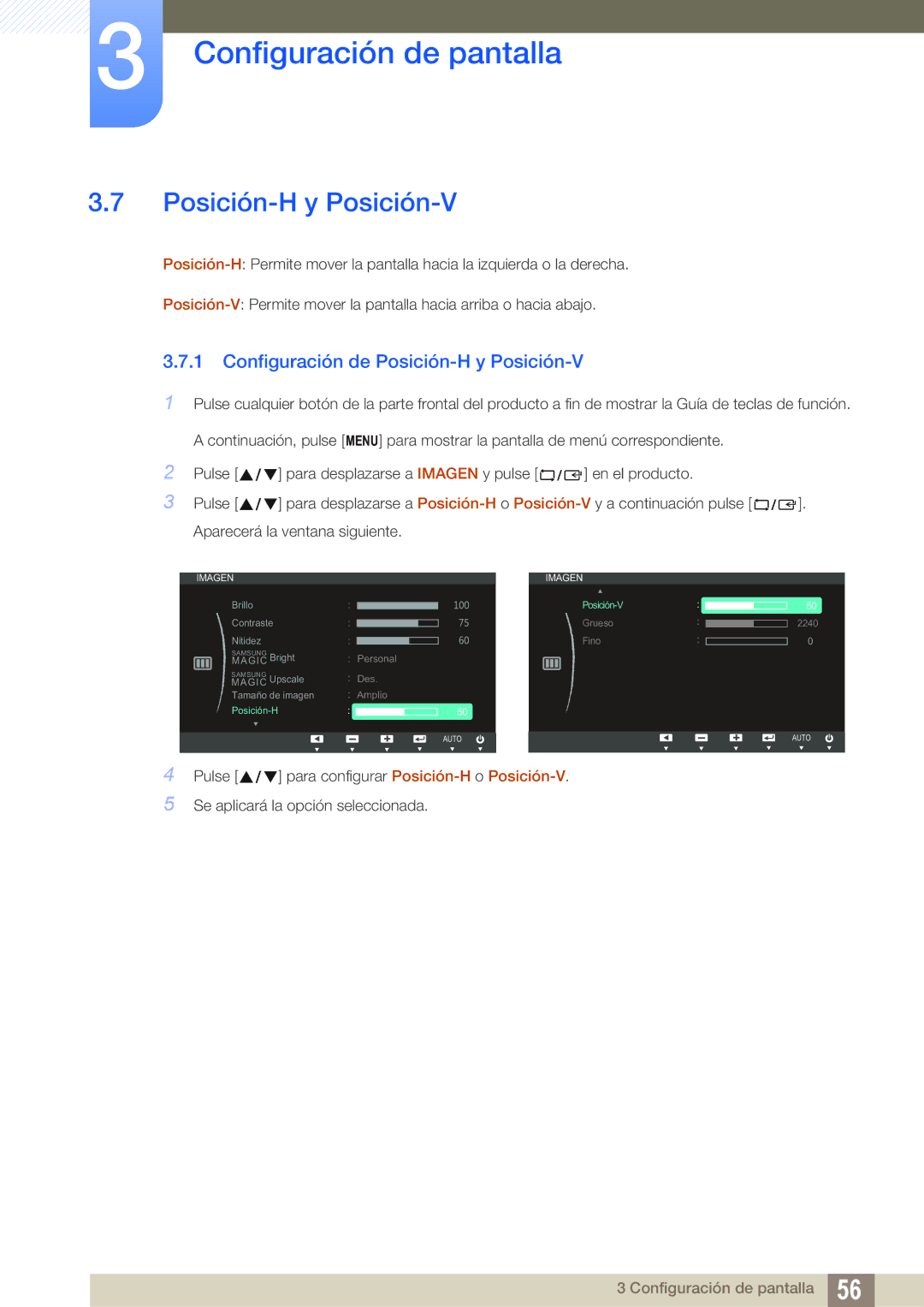 Samsung LS22B150NS/EN, LS22C150NS/EN, LS19C150FS/EN manual Configuración de Posición-H y Posición-V 