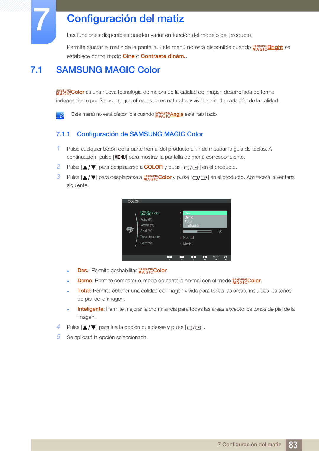 Samsung LS22B150NS/EN, LS22C150NS/EN, LS19C150FS/EN manual Configuración de Samsung Magic Color 