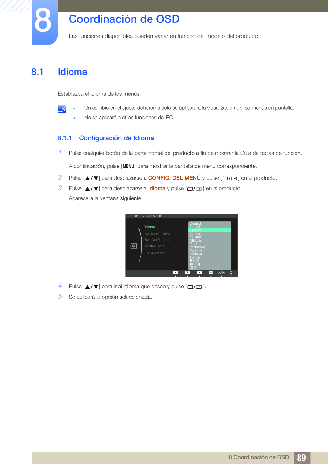 Samsung LS22B150NS/EN, LS22C150NS/EN, LS19C150FS/EN manual Coordinación de OSD, Configuración de Idioma 