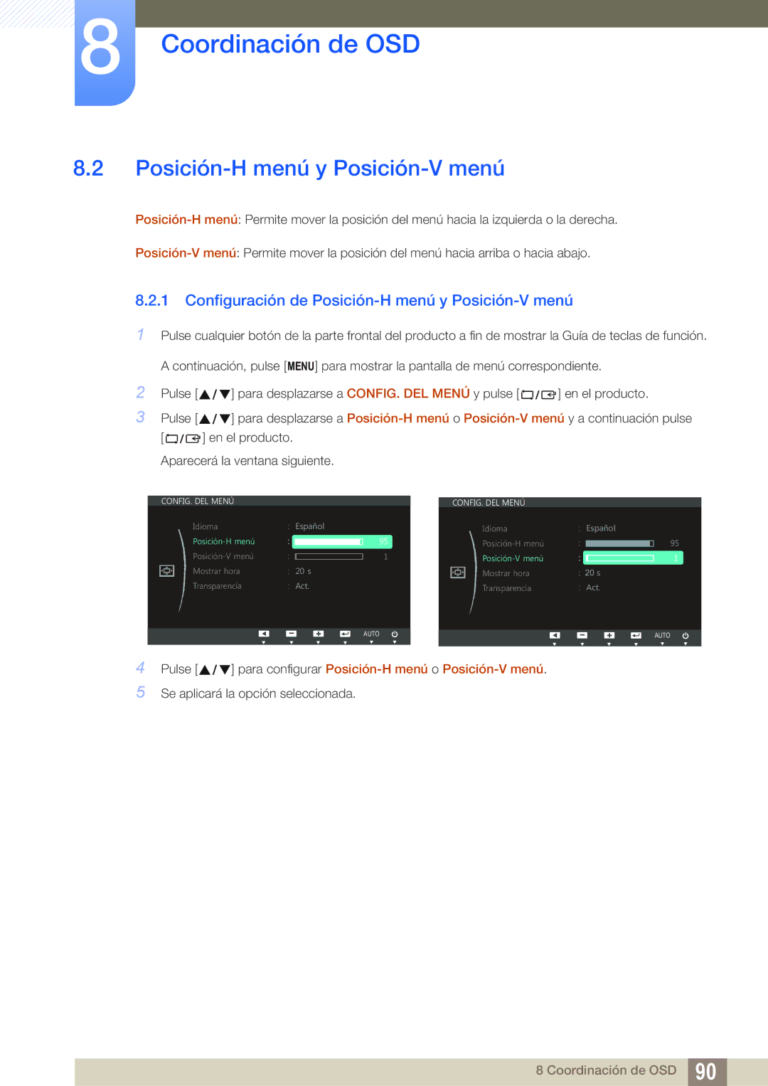 Samsung LS22C150NS/EN, LS19C150FS/EN, LS22B150NS/EN manual Configuración de Posición-H menú y Posición-V menú 