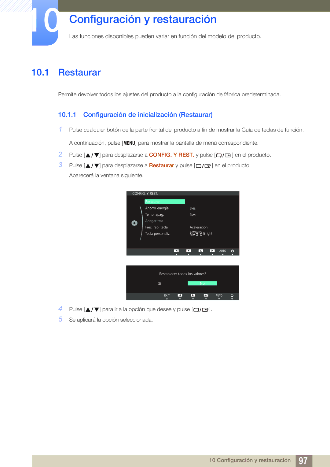 Samsung LS19C150FS/EN, LS22C150NS/EN manual Configuración y restauración, Configuración de inicialización Restaurar 