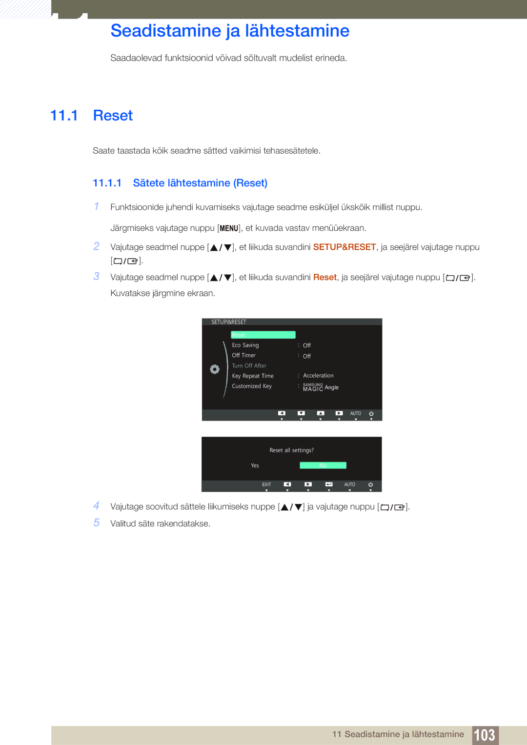 Samsung LS19C150FS/EN, LS22C150NS/EN, LS22B150NS/EN manual 11.1.1 Sätete lähtestamine Reset 