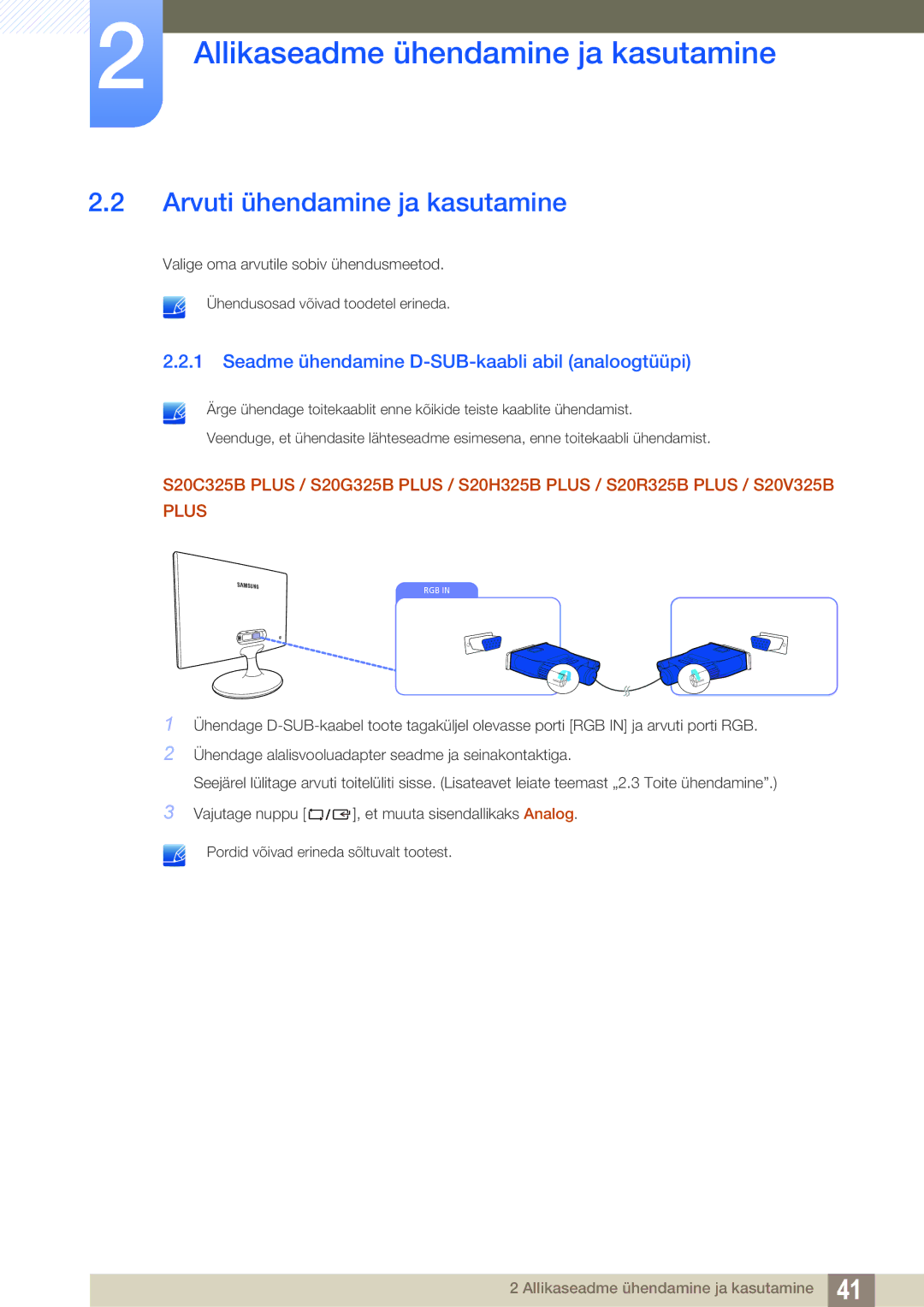 Samsung LS22B150NS/EN, LS22C150NS/EN Arvuti ühendamine ja kasutamine, Seadme ühendamine D-SUB-kaabli abil analoogtüüpi 