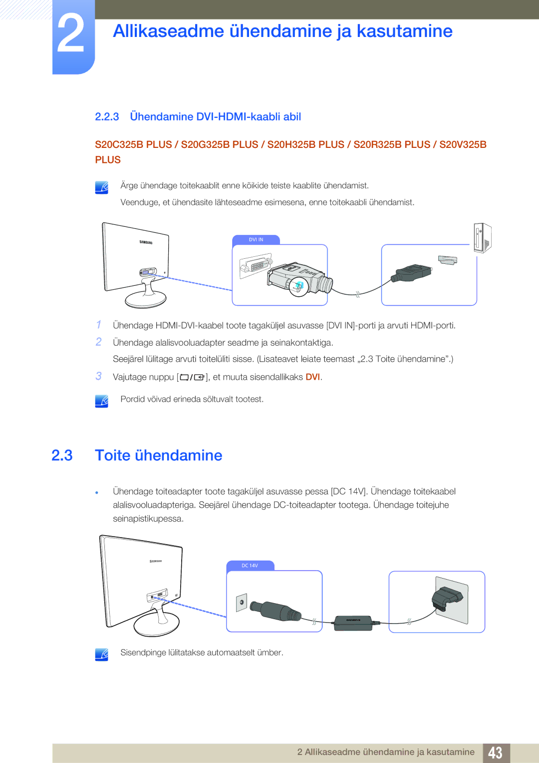 Samsung LS19C150FS/EN, LS22C150NS/EN, LS22B150NS/EN manual Toite ühendamine, 3 Ühendamine DVI-HDMI-kaabli abil 