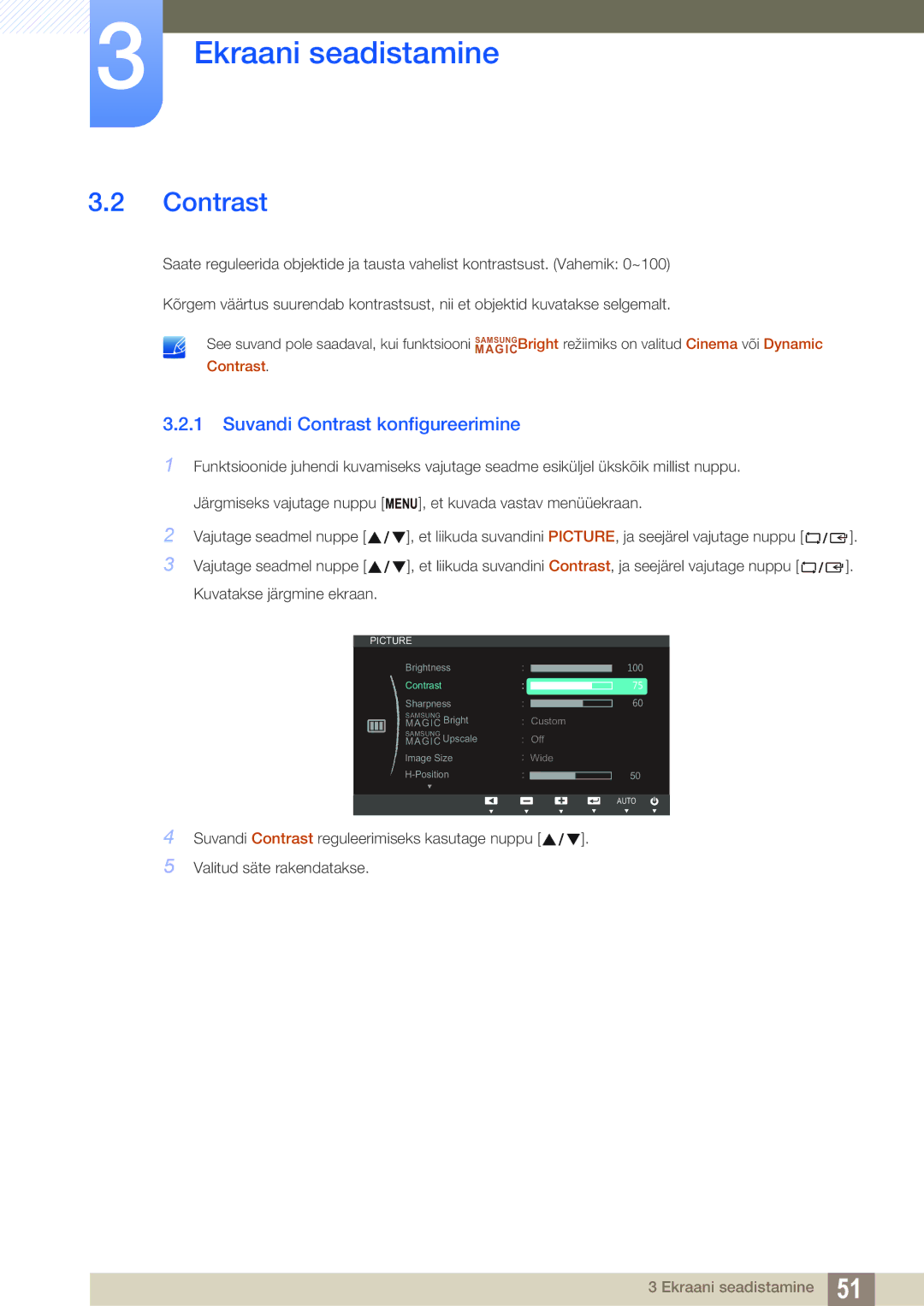 Samsung LS22C150NS/EN, LS19C150FS/EN, LS22B150NS/EN manual Suvandi Contrast konfigureerimine 