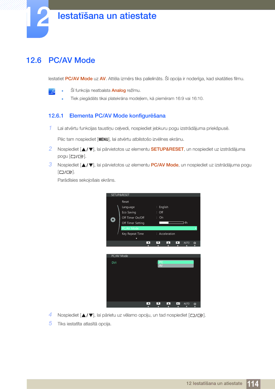 Samsung LS22C150NS/EN, LS19C150FS/EN, LS22B150NS/EN manual 12.6 PC/AV Mode, Elementa PC/AV Mode konfigurēšana 