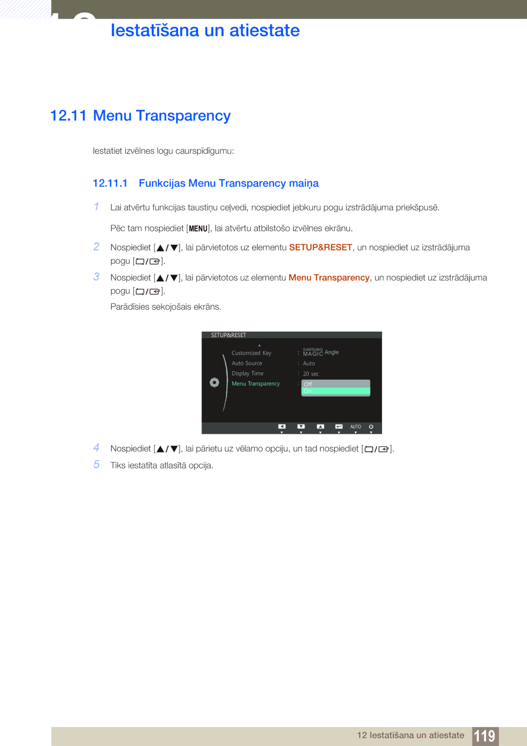 Samsung LS22B150NS/EN, LS22C150NS/EN, LS19C150FS/EN manual Funkcijas Menu Transparency maiņa 