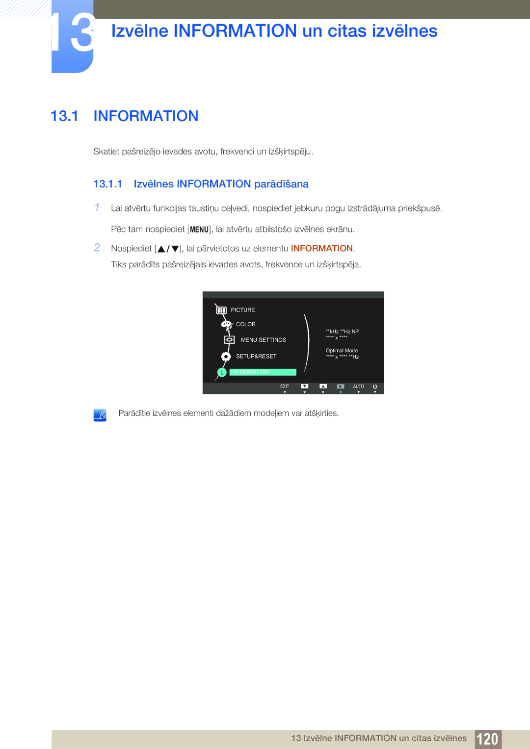 Samsung LS22C150NS/EN, LS19C150FS/EN manual 13 Izvēlne Information un citas izvēlnes, 13.1.1 Izvēlnes Information parādīšana 