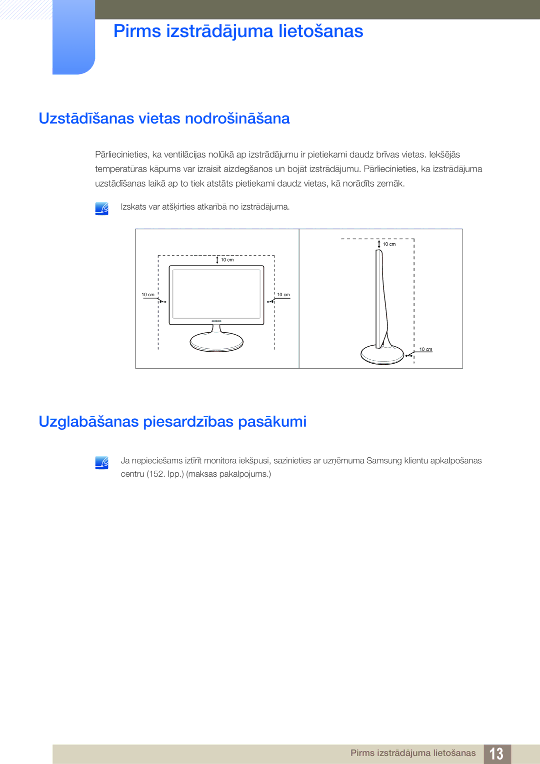 Samsung LS19C150FS/EN, LS22C150NS/EN, LS22B150NS/EN Uzstādīšanas vietas nodrošināšana, Uzglabāšanas piesardzības pasākumi 