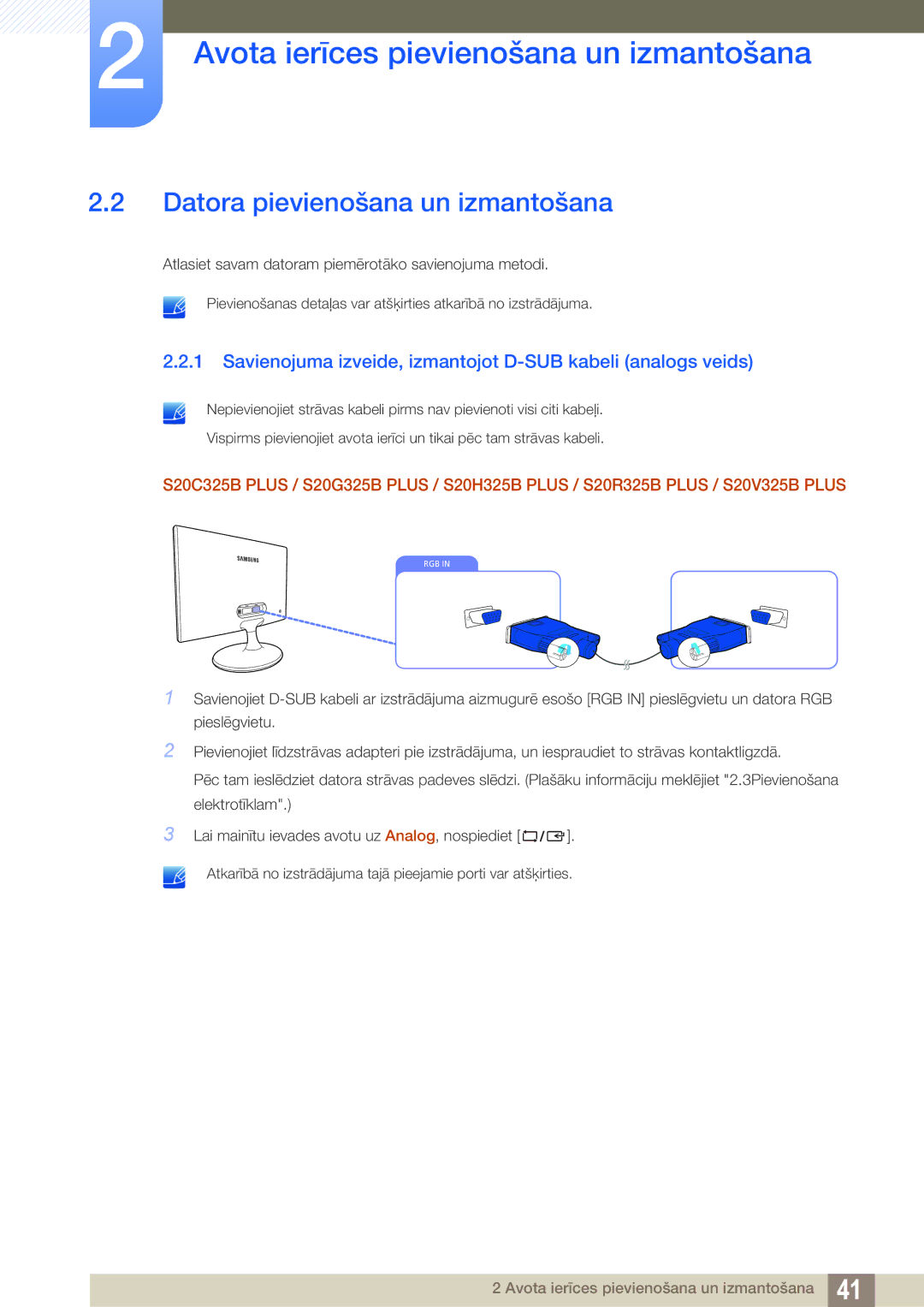 Samsung LS22B150NS/EN manual Datora pievienošana un izmantošana, Savienojuma izveide, izmantojot D-SUB kabeli analogs veids 