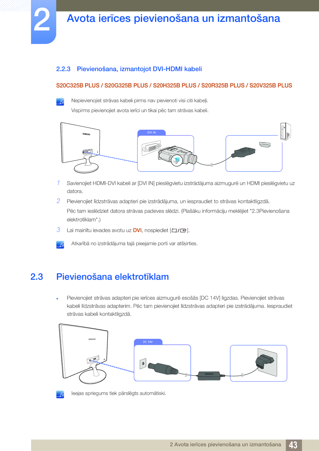 Samsung LS19C150FS/EN, LS22C150NS/EN, LS22B150NS/EN Pievienošana elektrotīklam, Pievienošana, izmantojot DVI-HDMI kabeli 