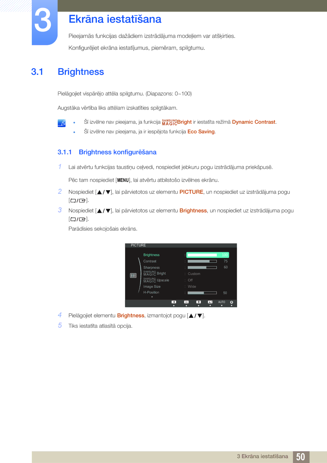 Samsung LS22B150NS/EN, LS22C150NS/EN, LS19C150FS/EN manual Ekrāna iestatīšana, Brightness konfigurēšana 