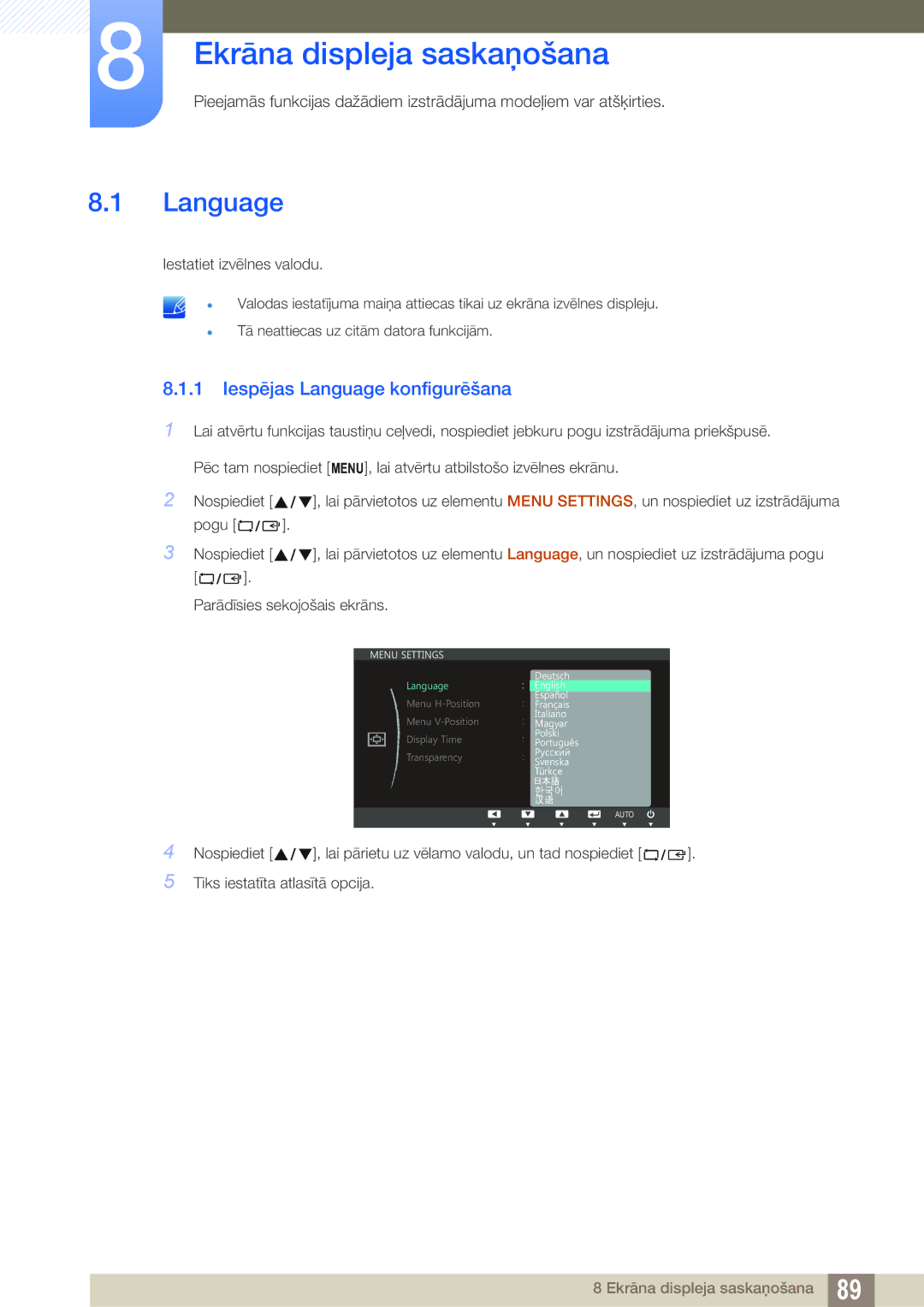 Samsung LS22B150NS/EN, LS22C150NS/EN, LS19C150FS/EN manual Ekrāna displeja saskaņošana, Iespējas Language konfigurēšana 