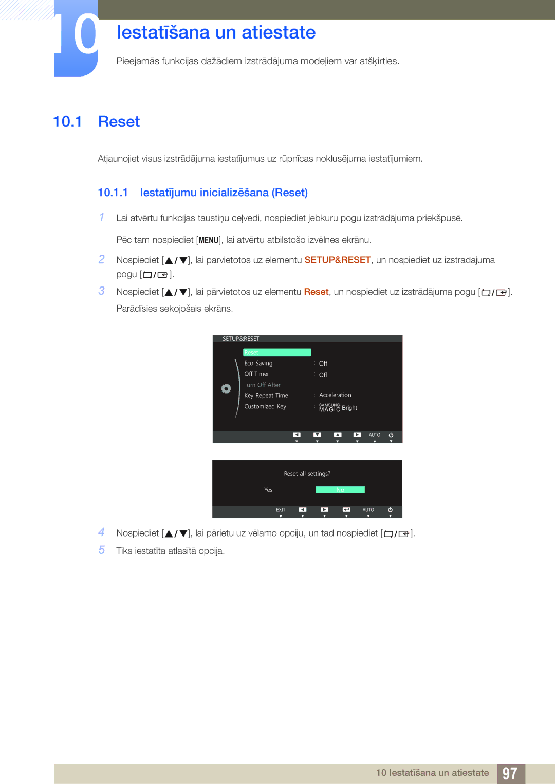 Samsung LS19C150FS/EN, LS22C150NS/EN, LS22B150NS/EN manual Iestatīšana un atiestate, Iestatījumu inicializēšana Reset 