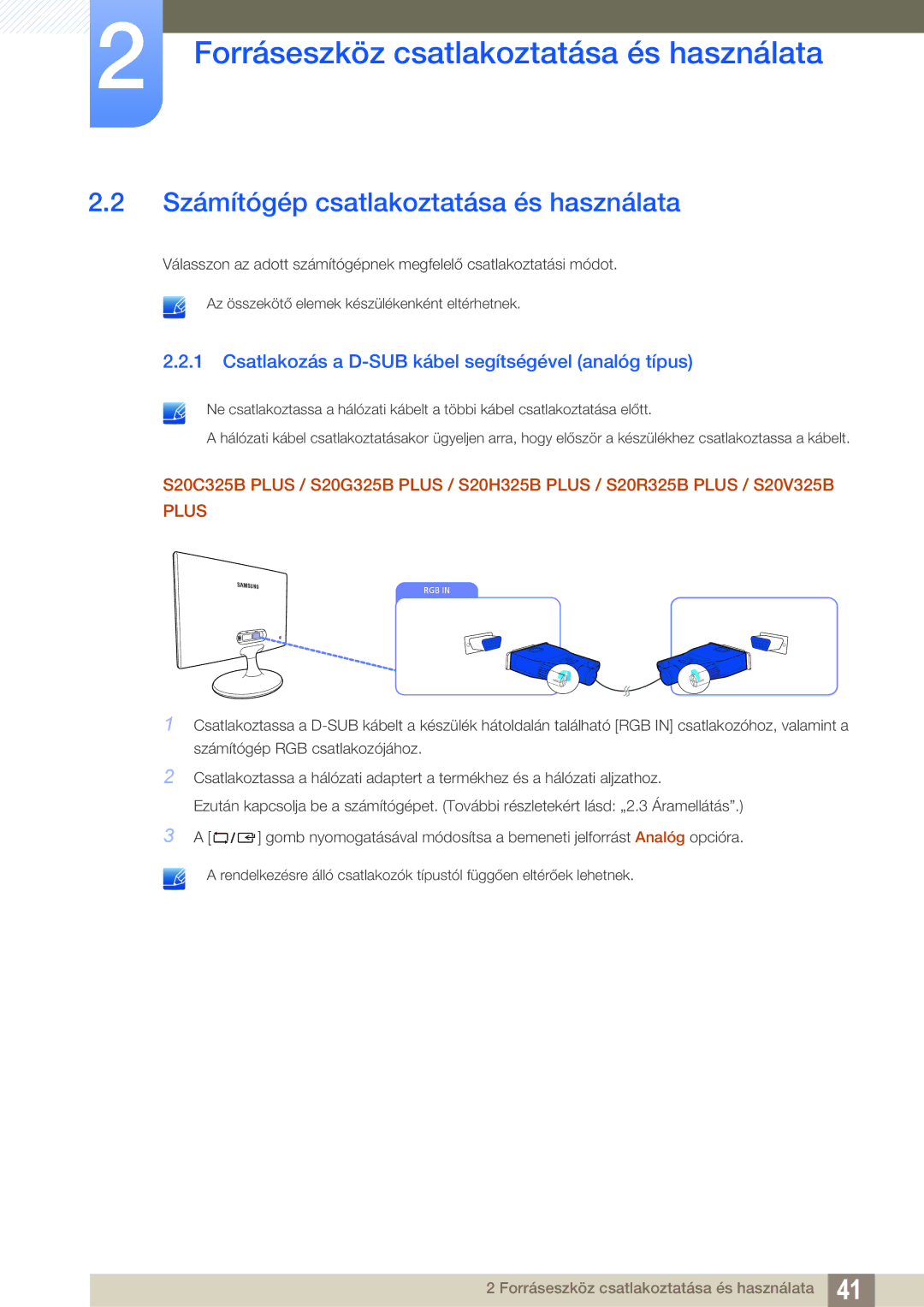 Samsung LS22B150NS/EN manual Számítógép csatlakoztatása és használata, Csatlakozás a D-SUB kábel segítségével analóg típus 